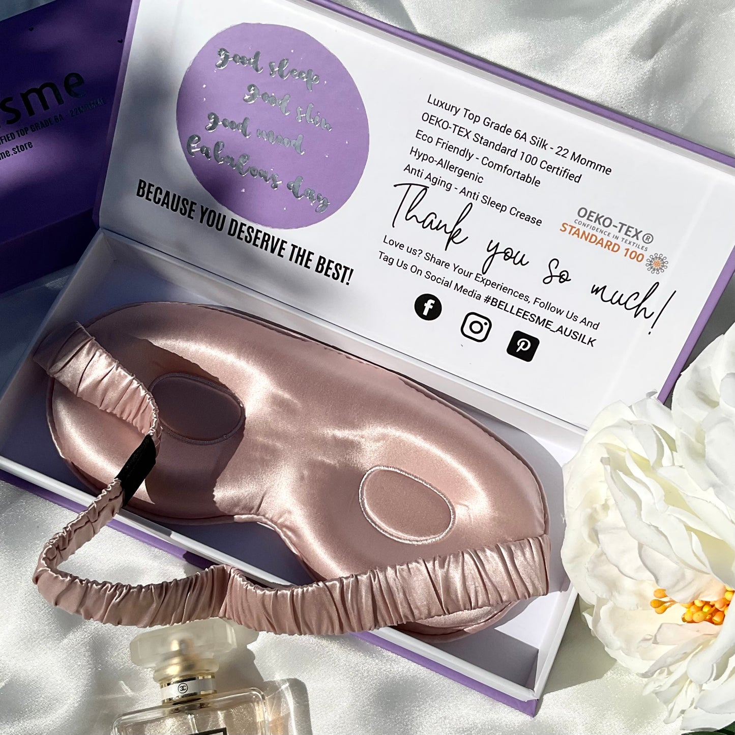 Back view of Belle Esme pink Silk sleep mask in a Belle Esme gift box