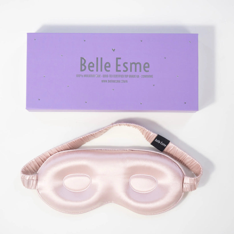 3D Silk sleep mask back shot and Belle Esme branded box on a light background
