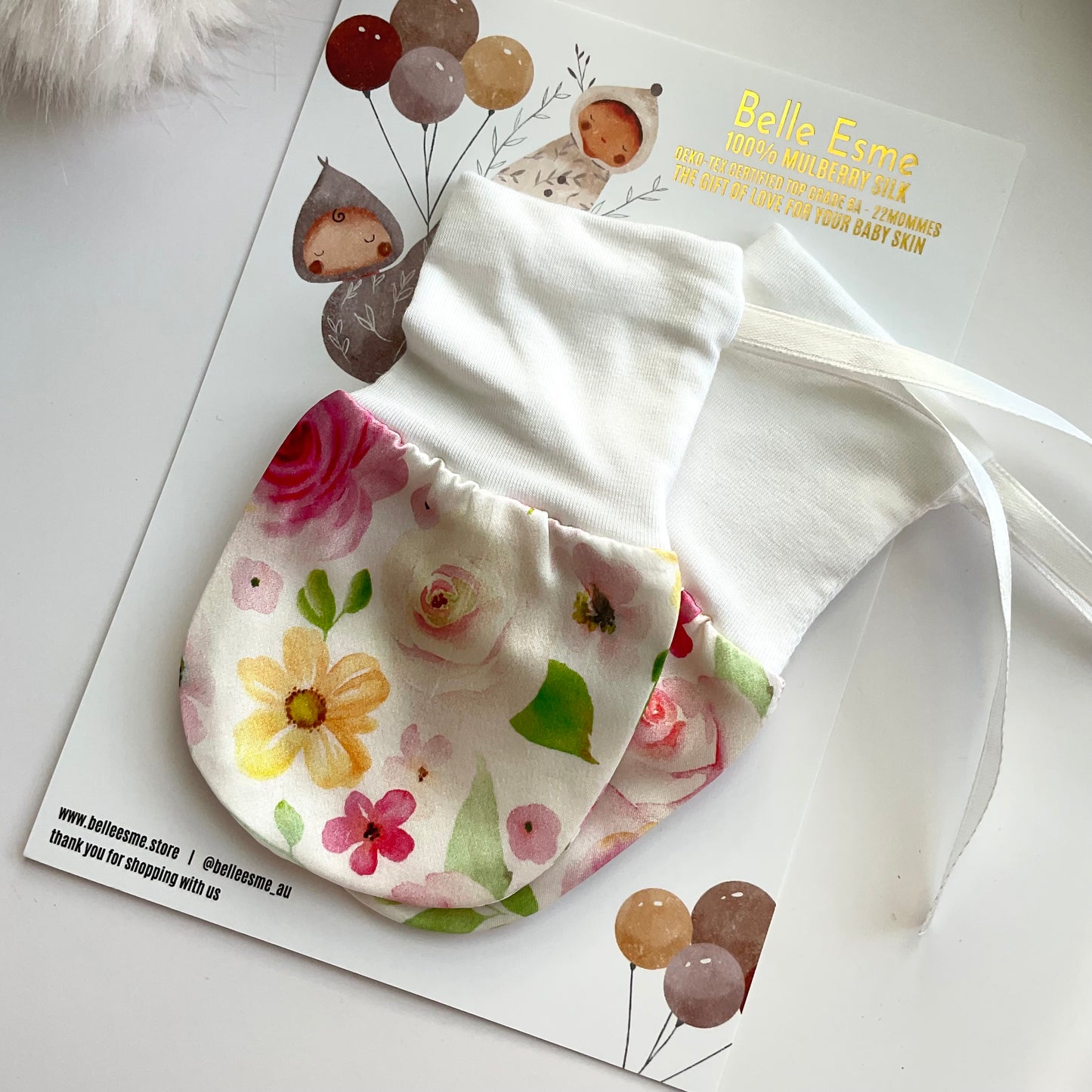 Hana floral silk baby mittens helps with eczema relief