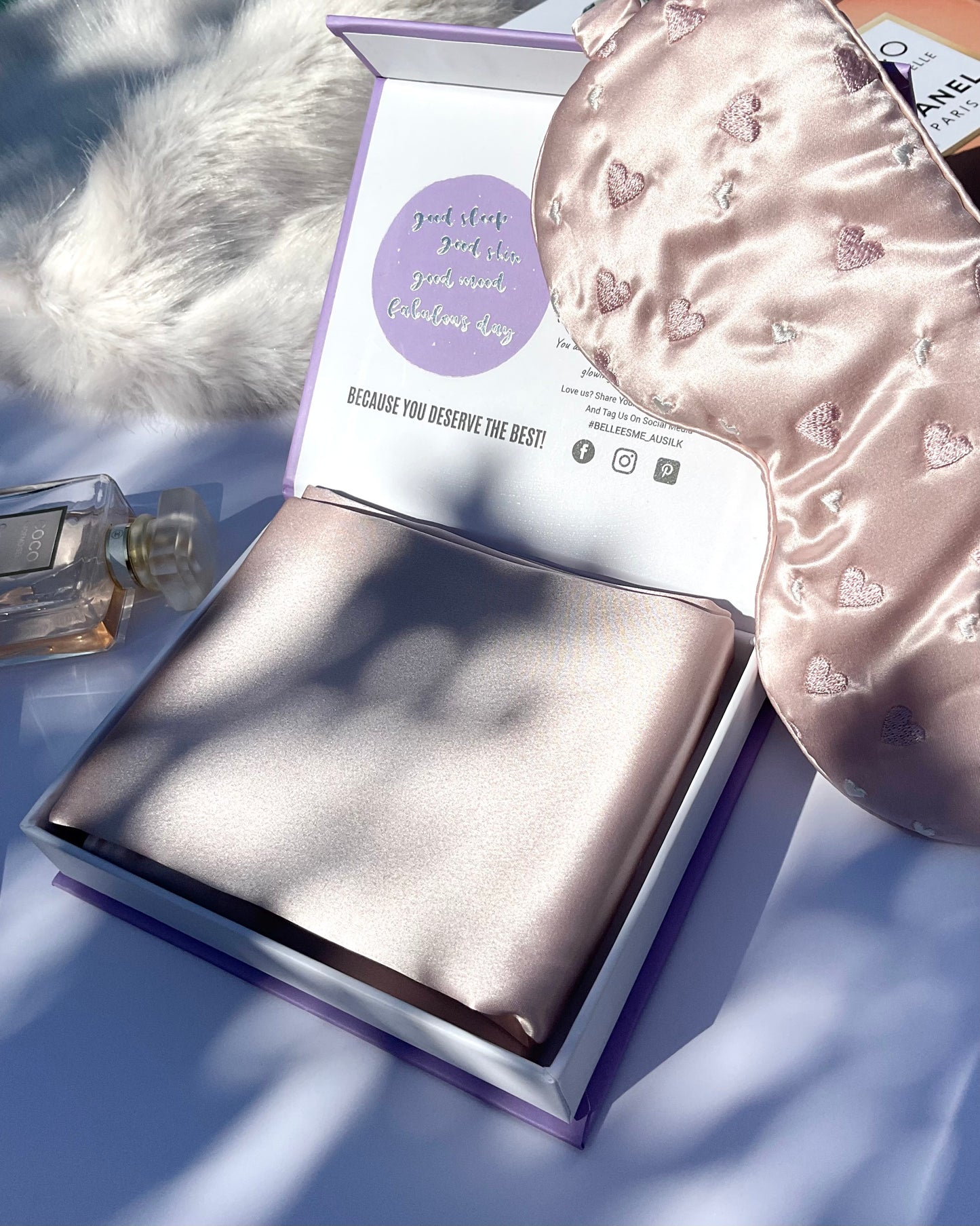 100% Mulberry Silk Sleep Mask - Light Pearl Pink with Heart Emroidery