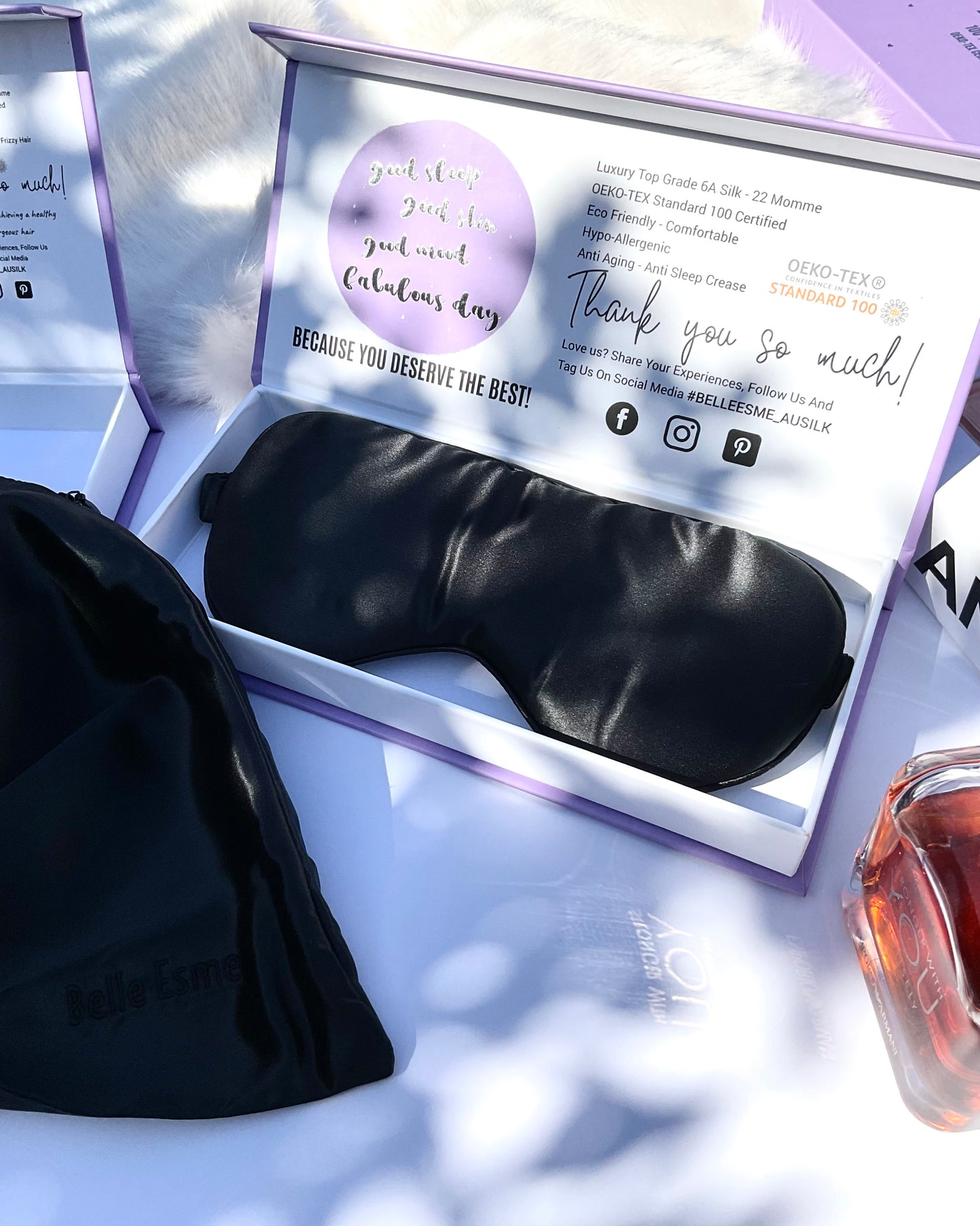 100% Mulberry Silk Pillowcase and Matching Sleep Mask - Black
