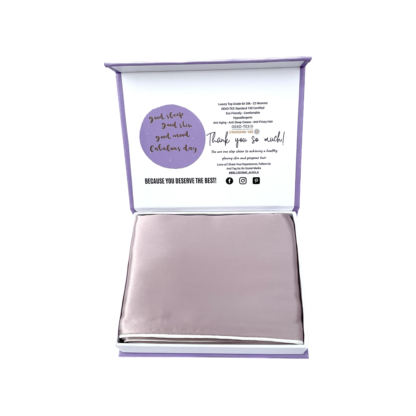 100% Mulberry Silk Pillowcase - Dusty Pink with White Piping