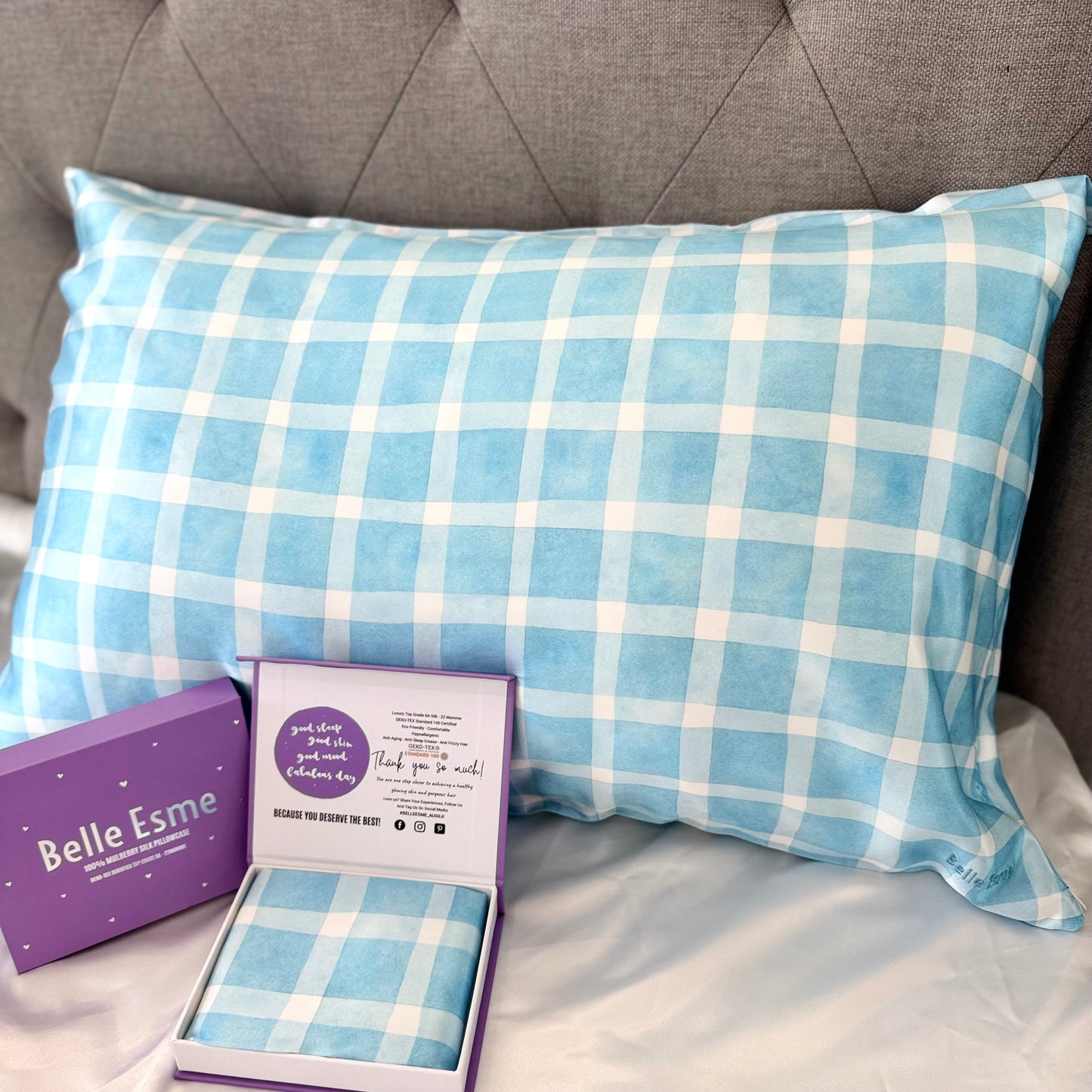 100% Mulberry Silk Pillowcase - Gingham Blue