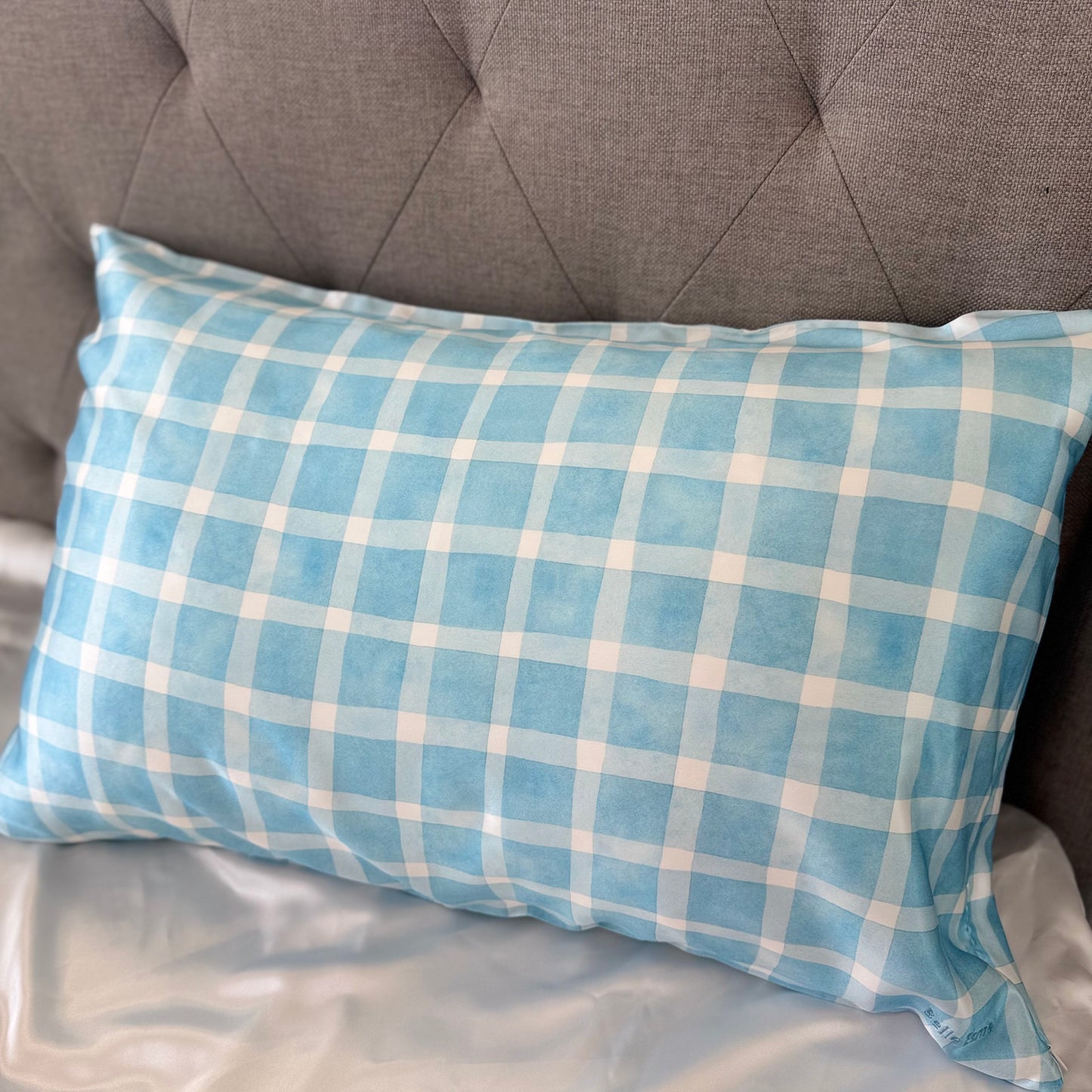 100% Mulberry Silk Pillowcase - Gingham Blue