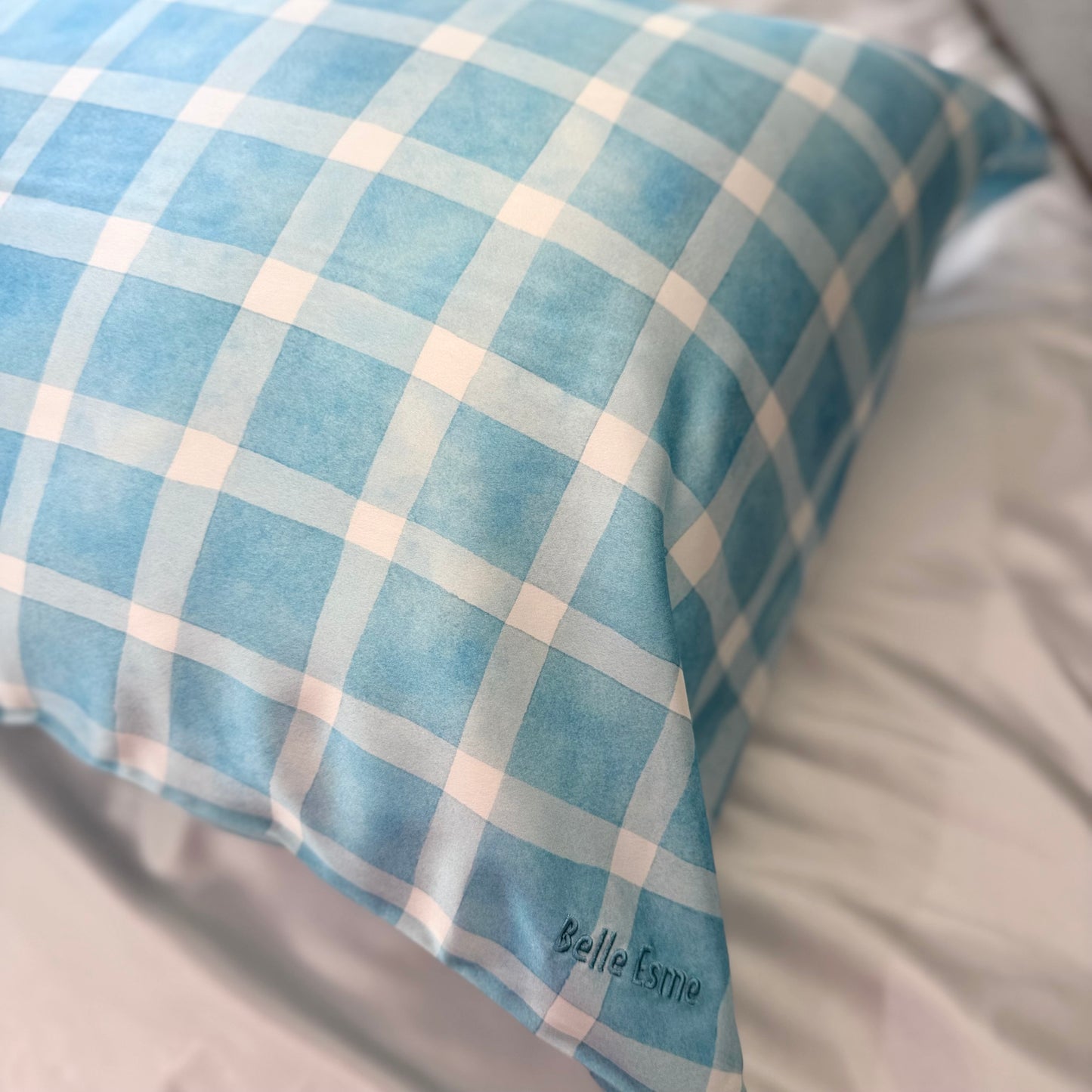 100% Mulberry Silk Pillowcase - Gingham Blue