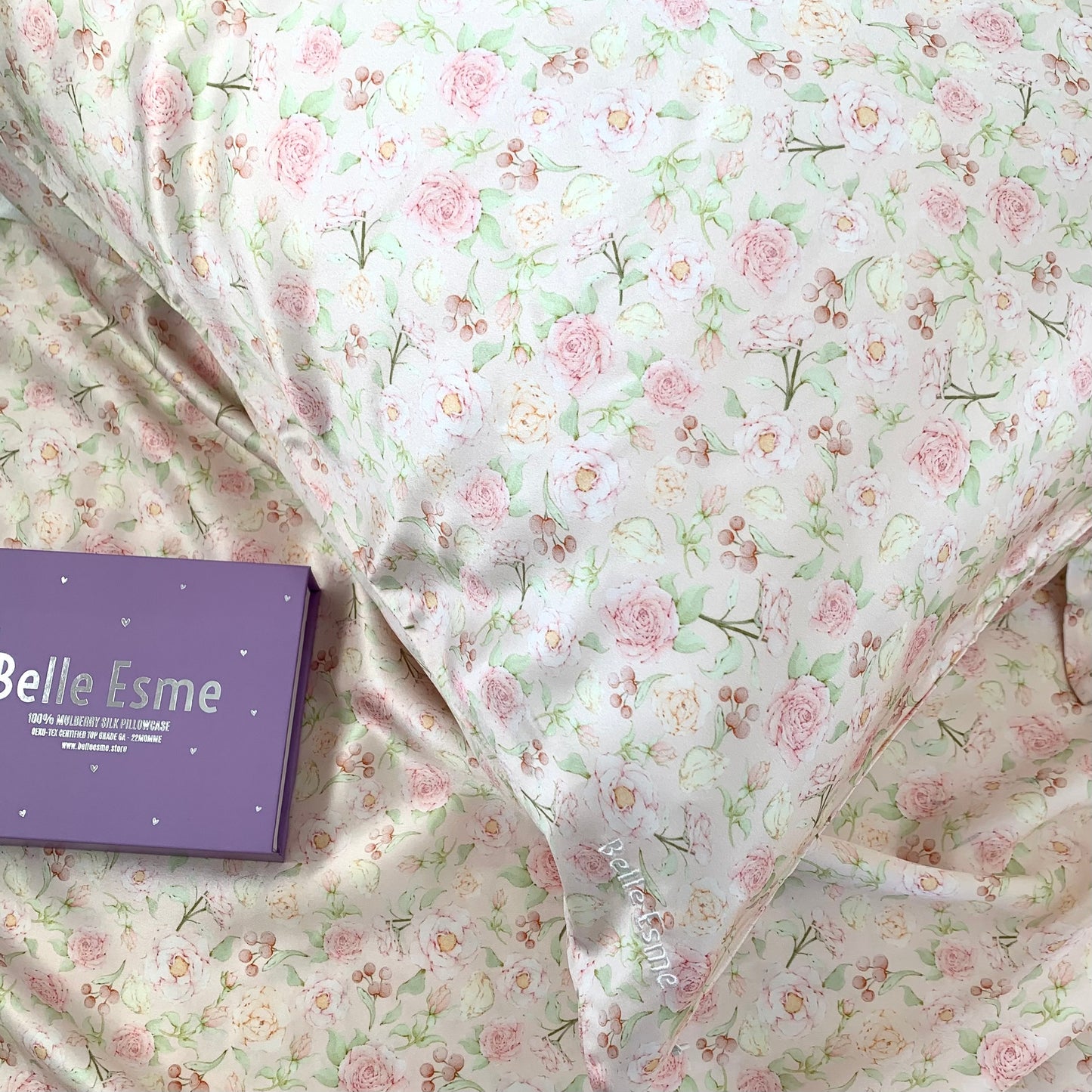 100% Mulberry Silk Pillowcase - Hermosa Ditsy Rose Pattern