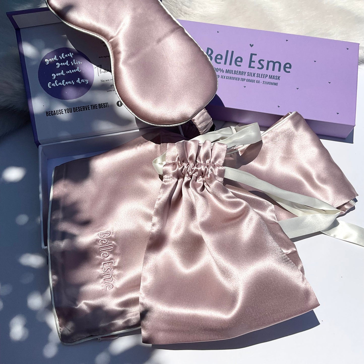 100% Mulberry Silk Pillowcase and Matching Sleep Mask with Travel Pouch - Dusty Pink/White Piping
