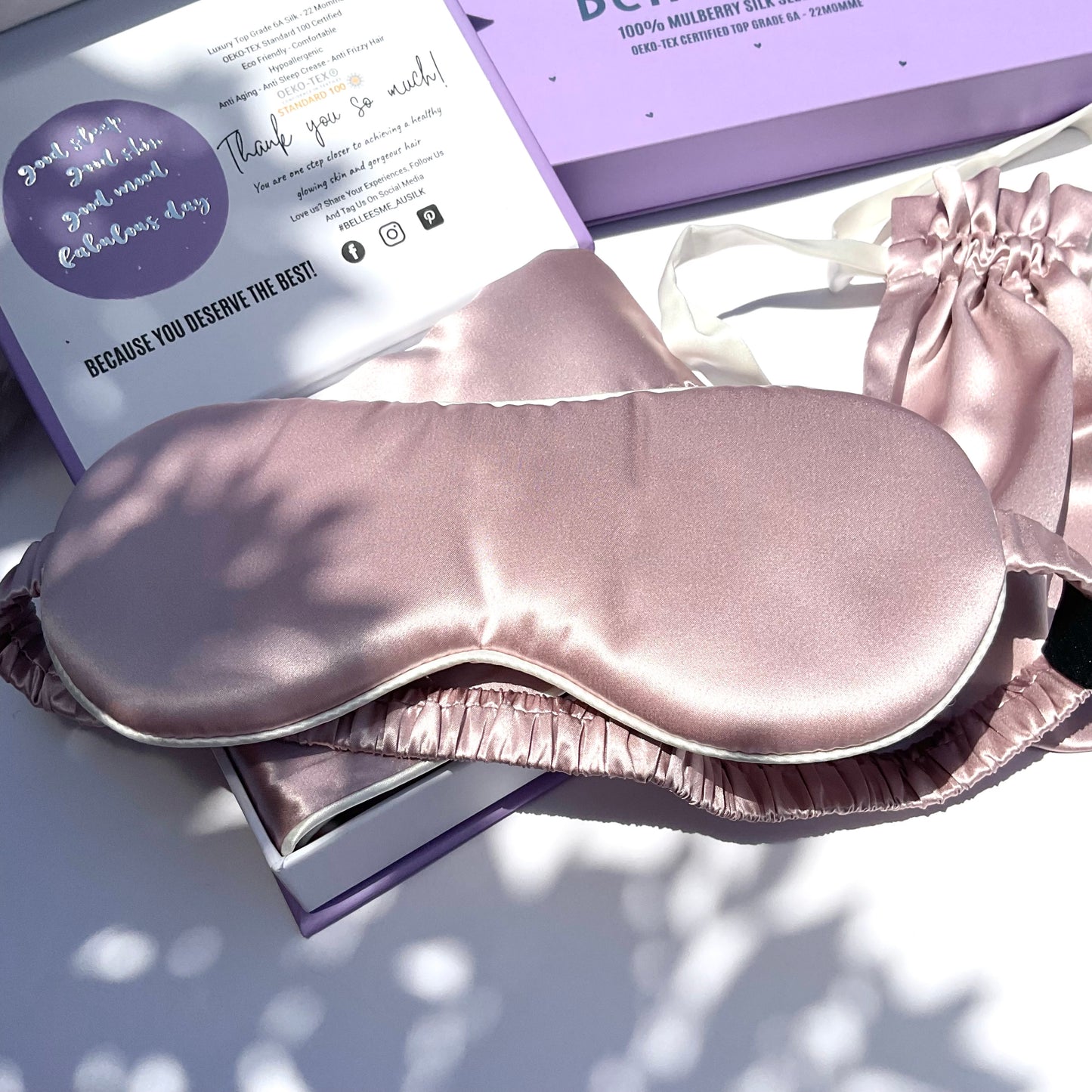 100% Mulberry Silk Pillowcase and Matching Sleep Mask with Travel Pouch - Dusty Pink/White Piping