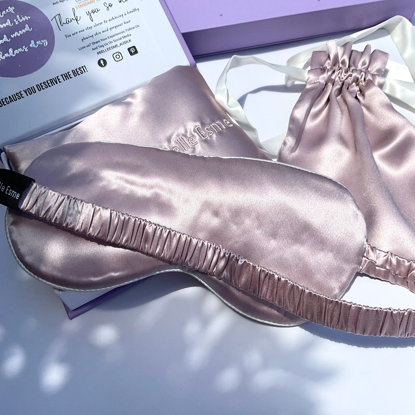 100% Mulberry Silk Pillowcase and Matching Sleep Mask with Travel Pouch - Dusty Pink/White Piping