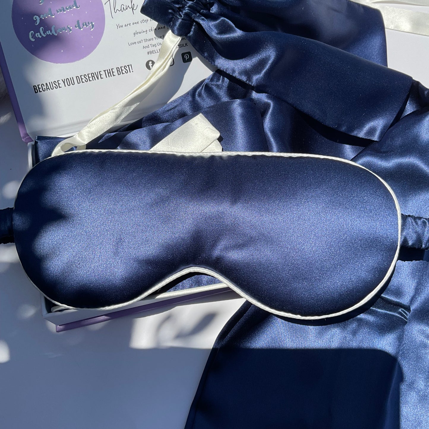 100% Mulberry Silk Pillowcase and Matching Sleep Mask with Travel Pouch - Navy/White Piping