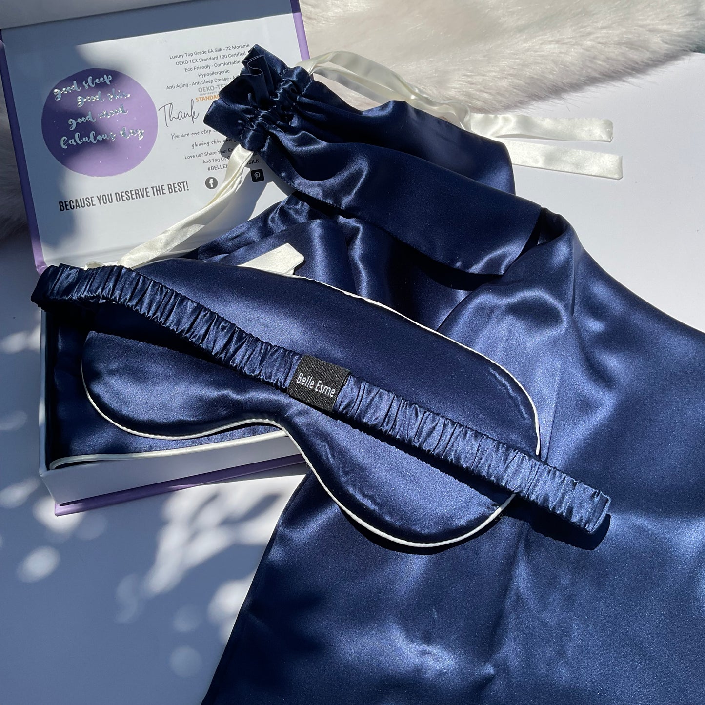 100% Mulberry Silk Pillowcase and Matching Sleep Mask with Travel Pouch - Navy/White Piping