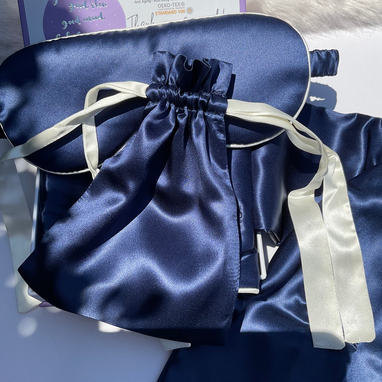 100% Mulberry Silk Pillowcase and Matching Sleep Mask with Travel Pouch - Navy/White Piping