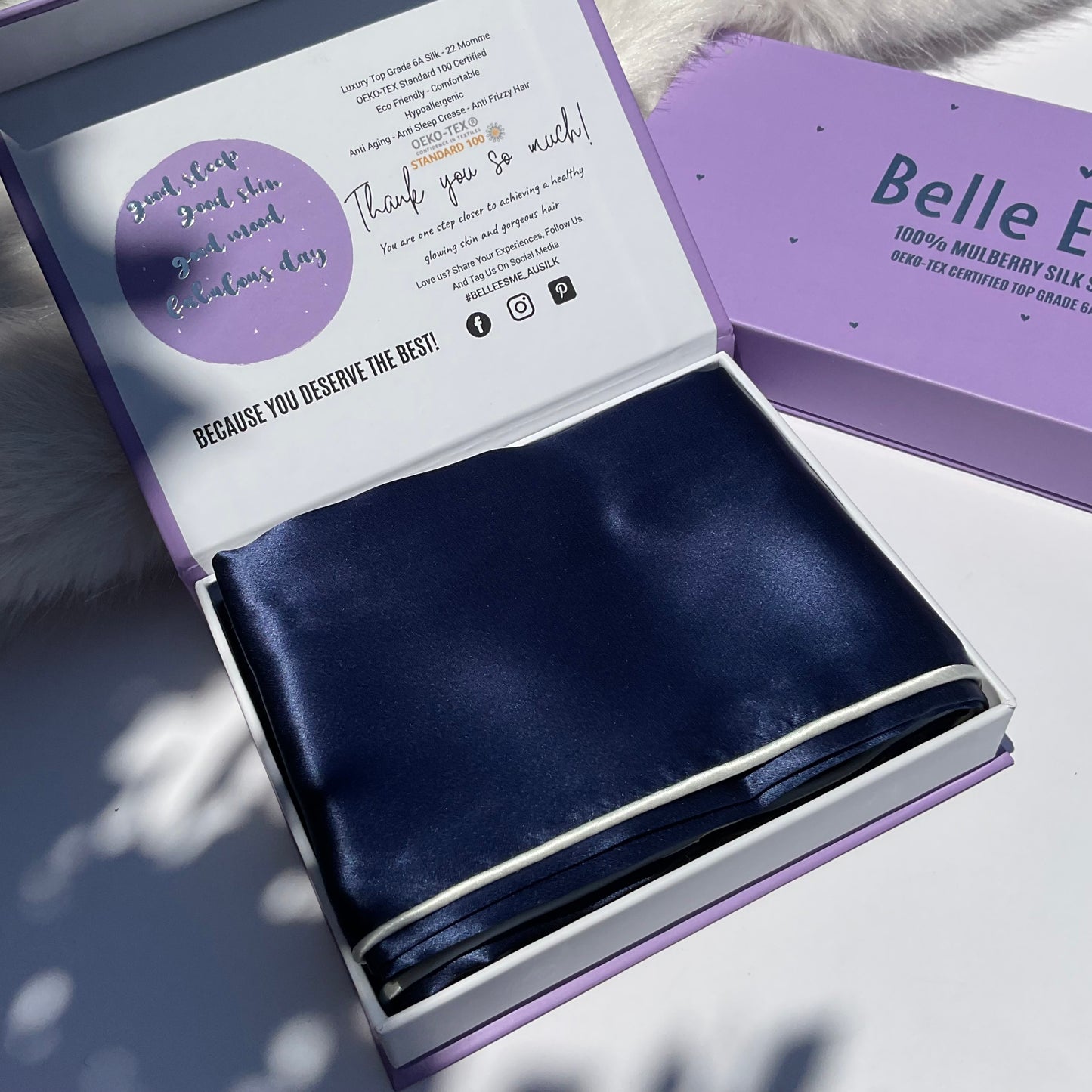 100% Mulberry Silk Pillowcase and Matching Sleep Mask with Travel Pouch - Navy/White Piping