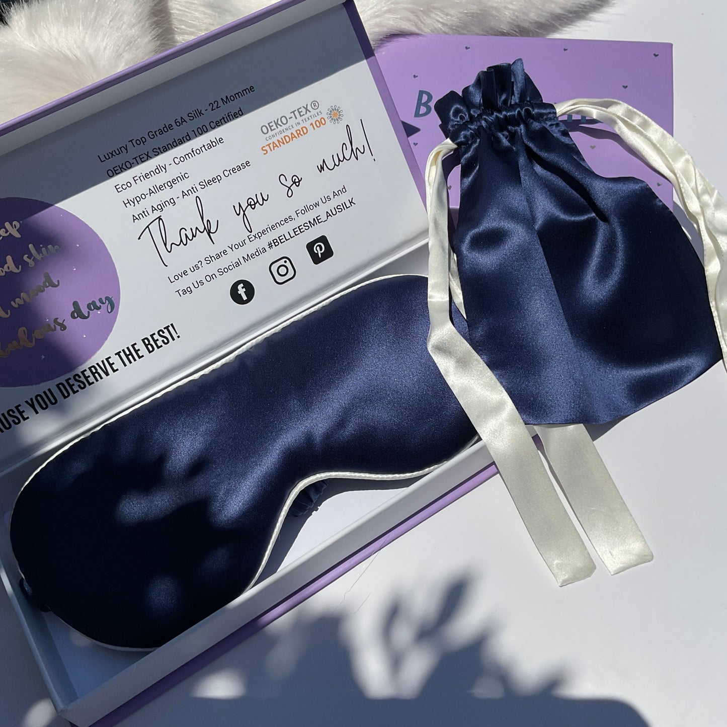 100% Mulberry Silk Pillowcase and Matching Sleep Mask with Travel Pouch - Navy/White Piping