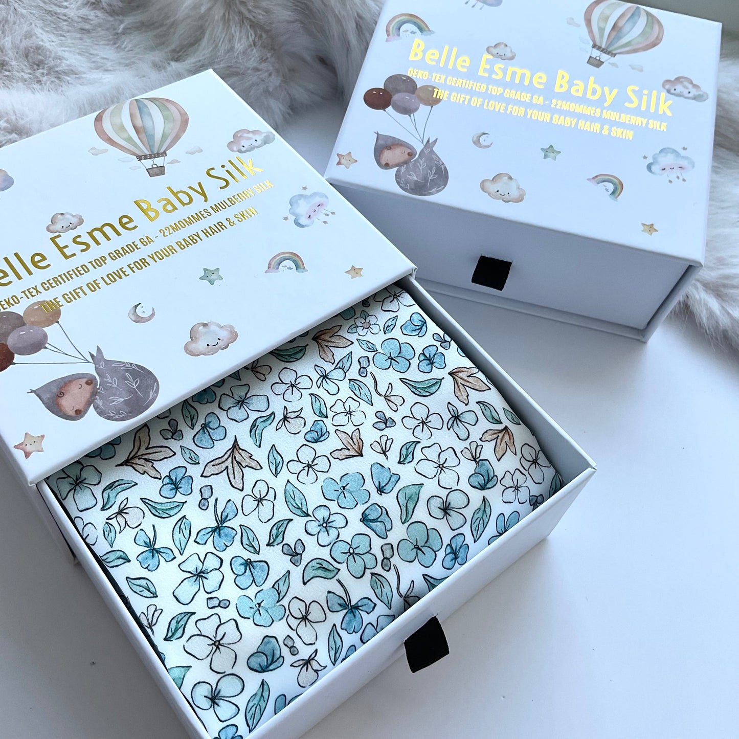Ditsy Winter Blue Mulberry Silk Baby Cot Sleeve, cot slip (with gift box) for Baby bald spots and Eczema relief