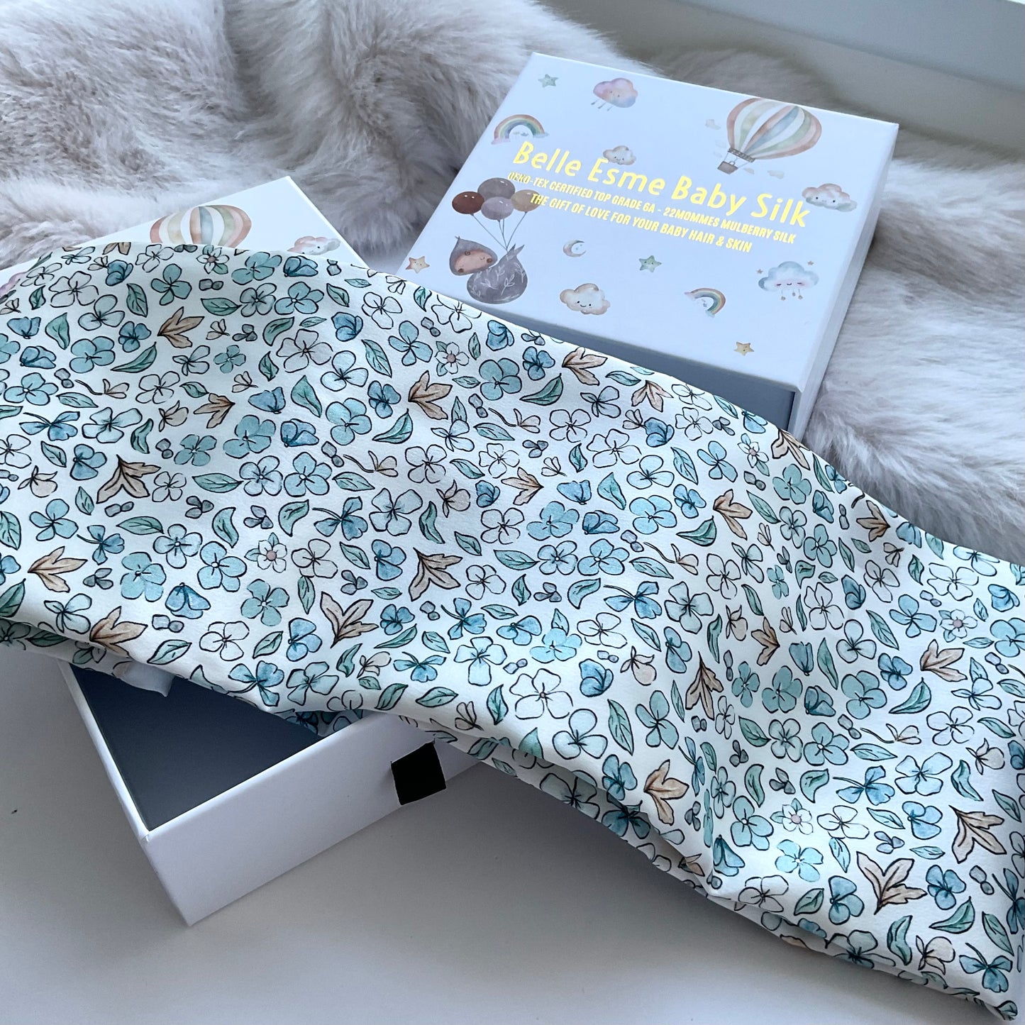 Ditsy Winter Blue Mulberry Silk Baby Cot Sleeve, cot slip for Baby bald spots and Eczema relief