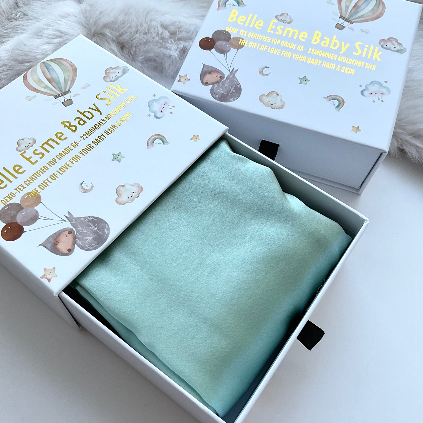 Matcha green Mulberry Silk Baby Cot Sleeve, cot slip in gift box for Baby bald spots and Eczema relief