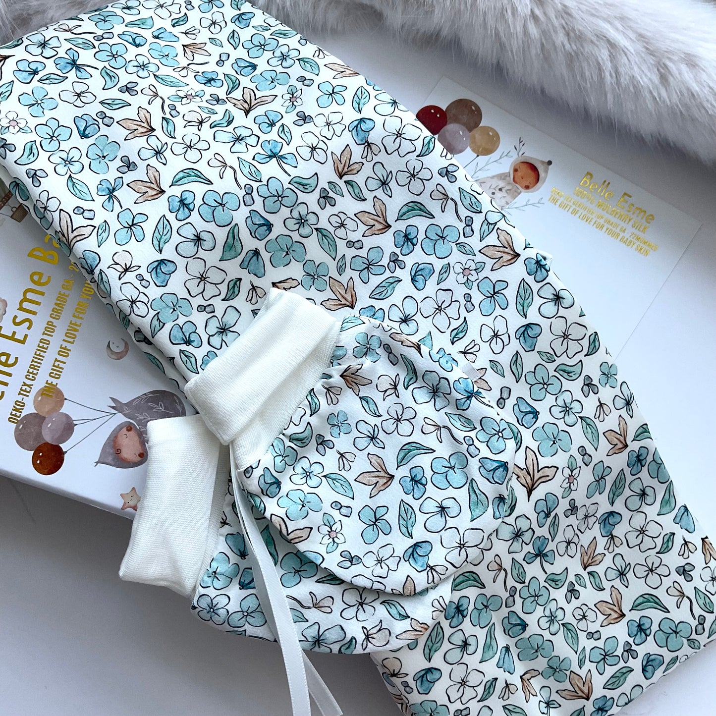 Mulberry silk baby mittens - Anti scratch/ eczema relief (Mittens only) - Ditsy Blue Winter