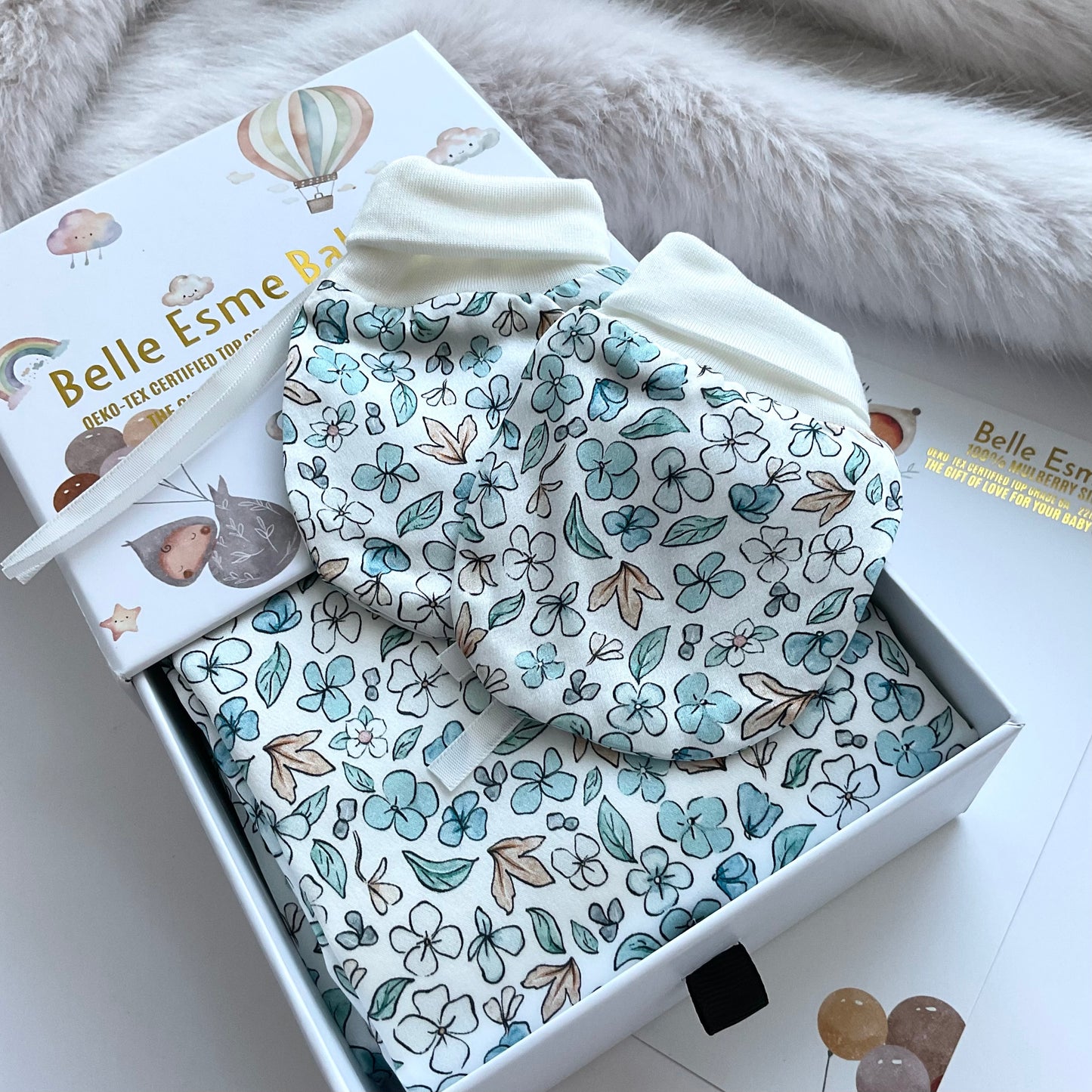 Mulberry silk baby mittens - Anti scratch/ eczema relief (Mittens only) - Ditsy Blue Winter