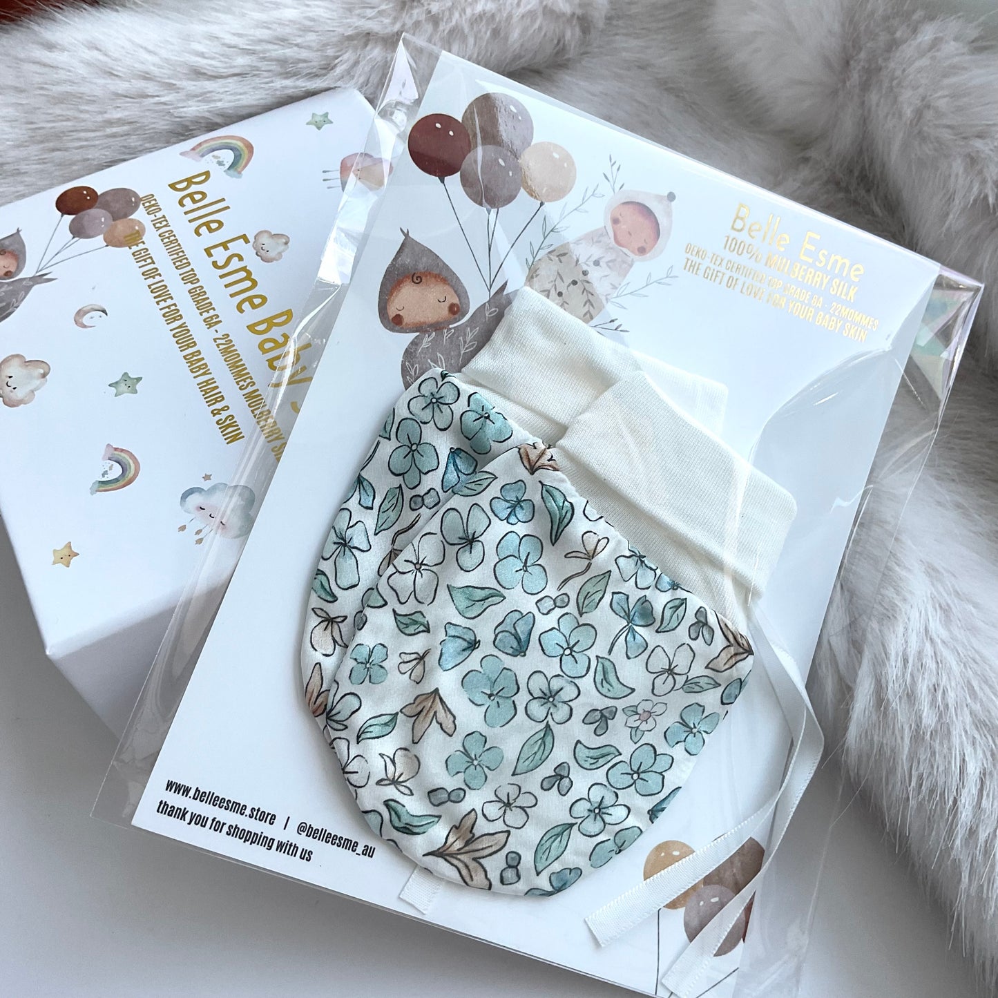 Mulberry silk baby mittens - Anti scratch/ eczema relief (Mittens only) - Ditsy Blue Winter
