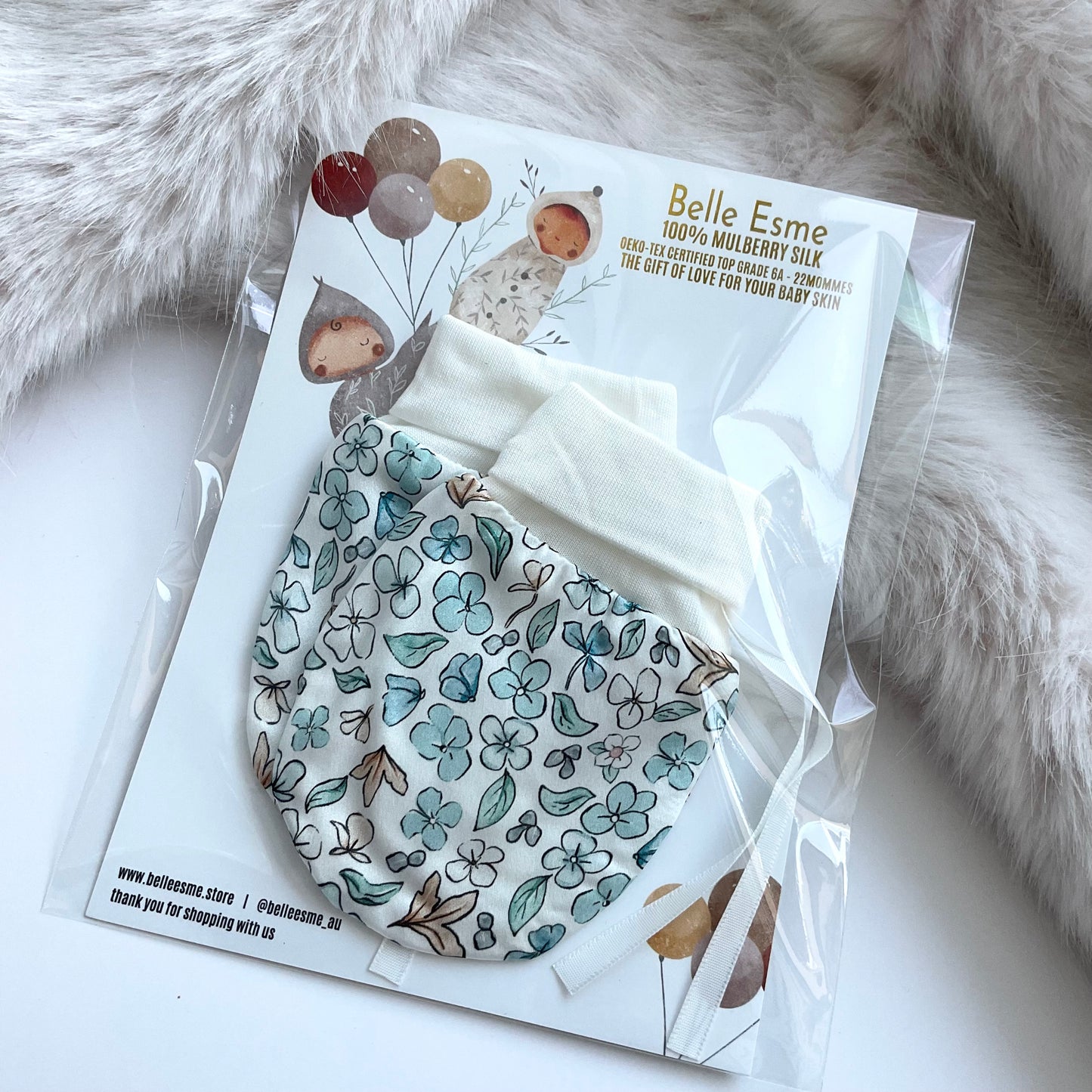 Mulberry silk baby mittens - Anti scratch/ eczema relief (Mittens only) - Ditsy Blue Winter