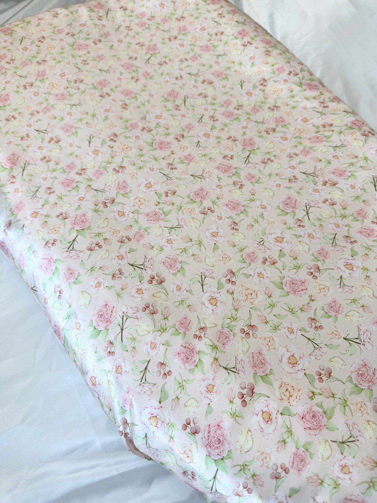 Hermosa Mulberry Silk Baby Lounger Cover with floral rose pattern, fits Snuggle Me & Dock A Tot Deluxe, close up shot