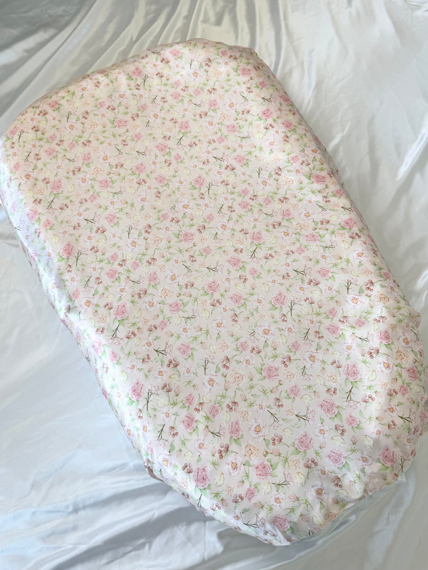 Hermosa Mulberry Silk Baby Lounger Cover with floral rose pattern, (fits Snuggle Me & Dock A Tot Deluxe) on actual lounger