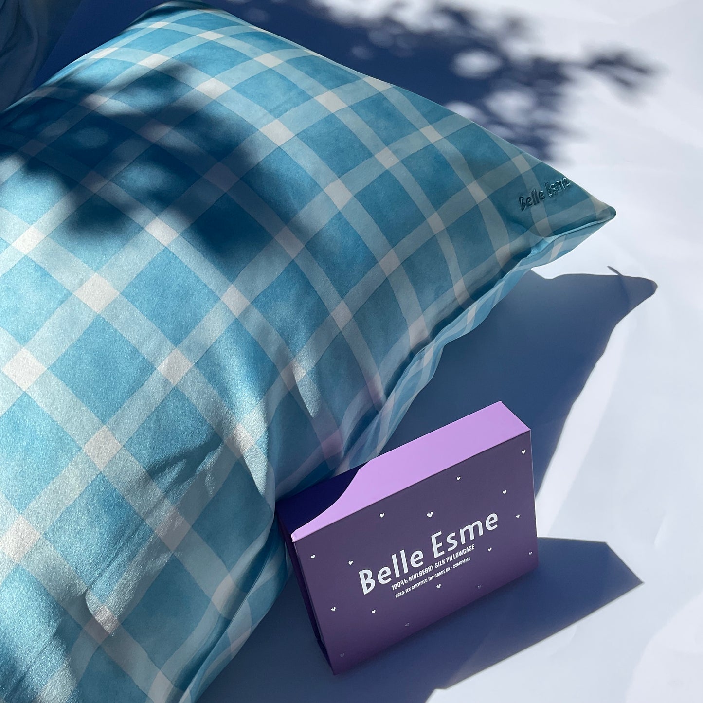 100% Mulberry Silk Pillowcase - Gingham Blue