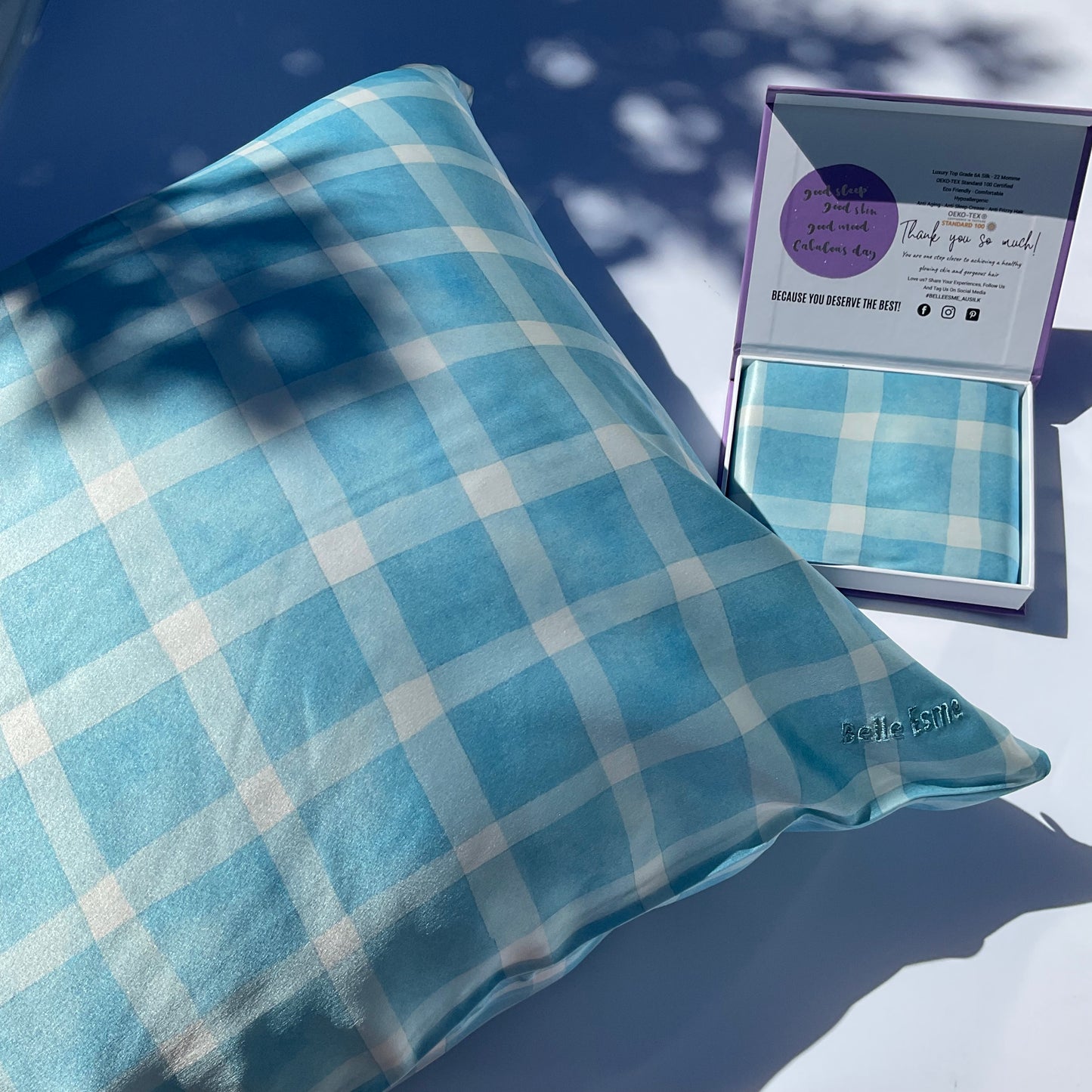 100% Mulberry Silk Pillowcase - Gingham Blue