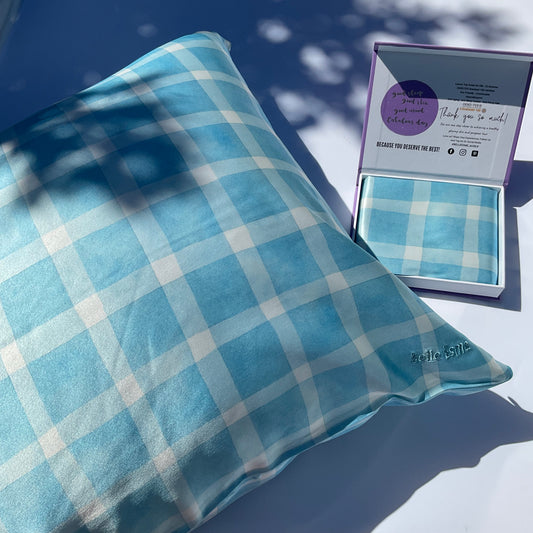 100% Mulberry Silk Pillowcase - Gingham Blue