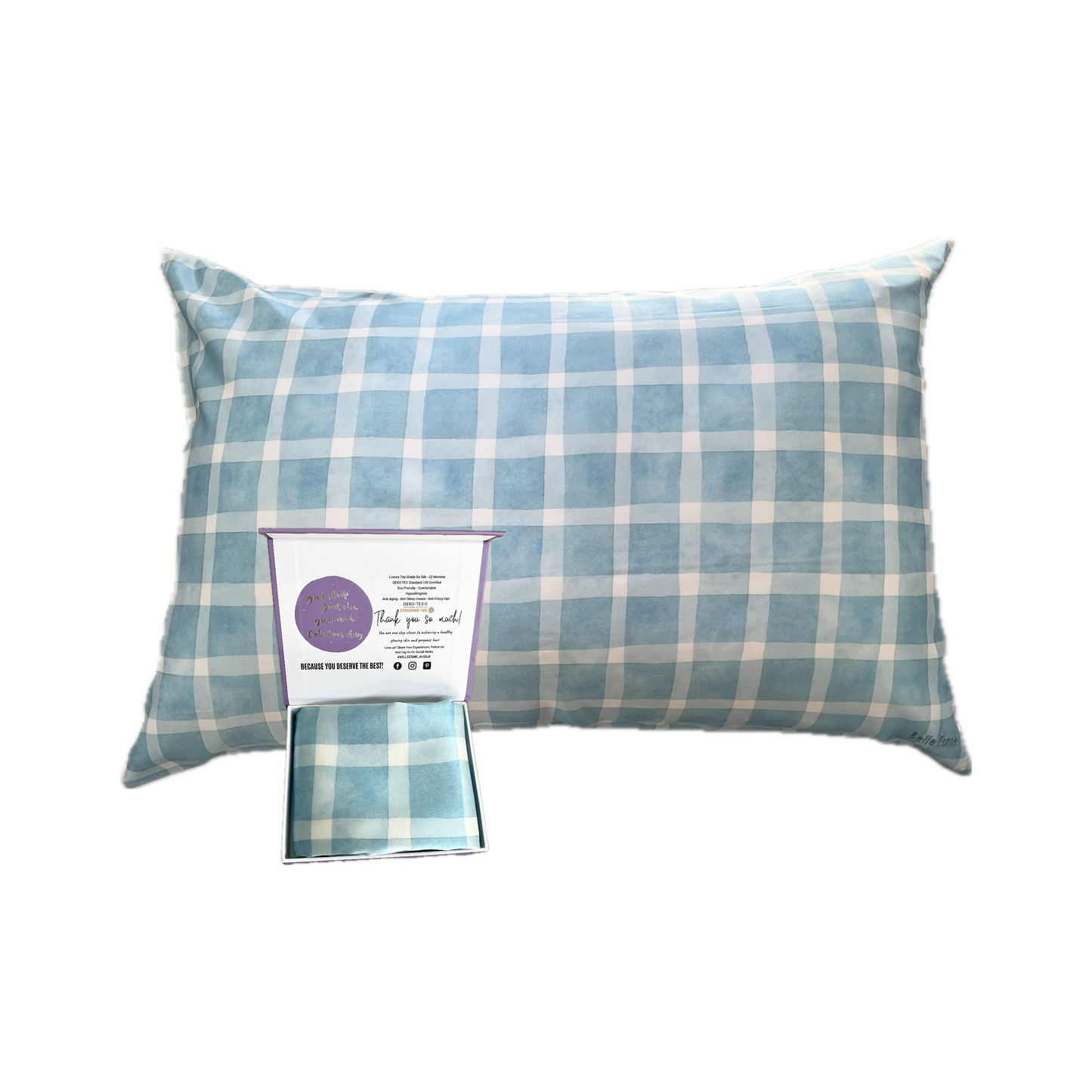 100% Mulberry Silk Pillowcase - Gingham Blue