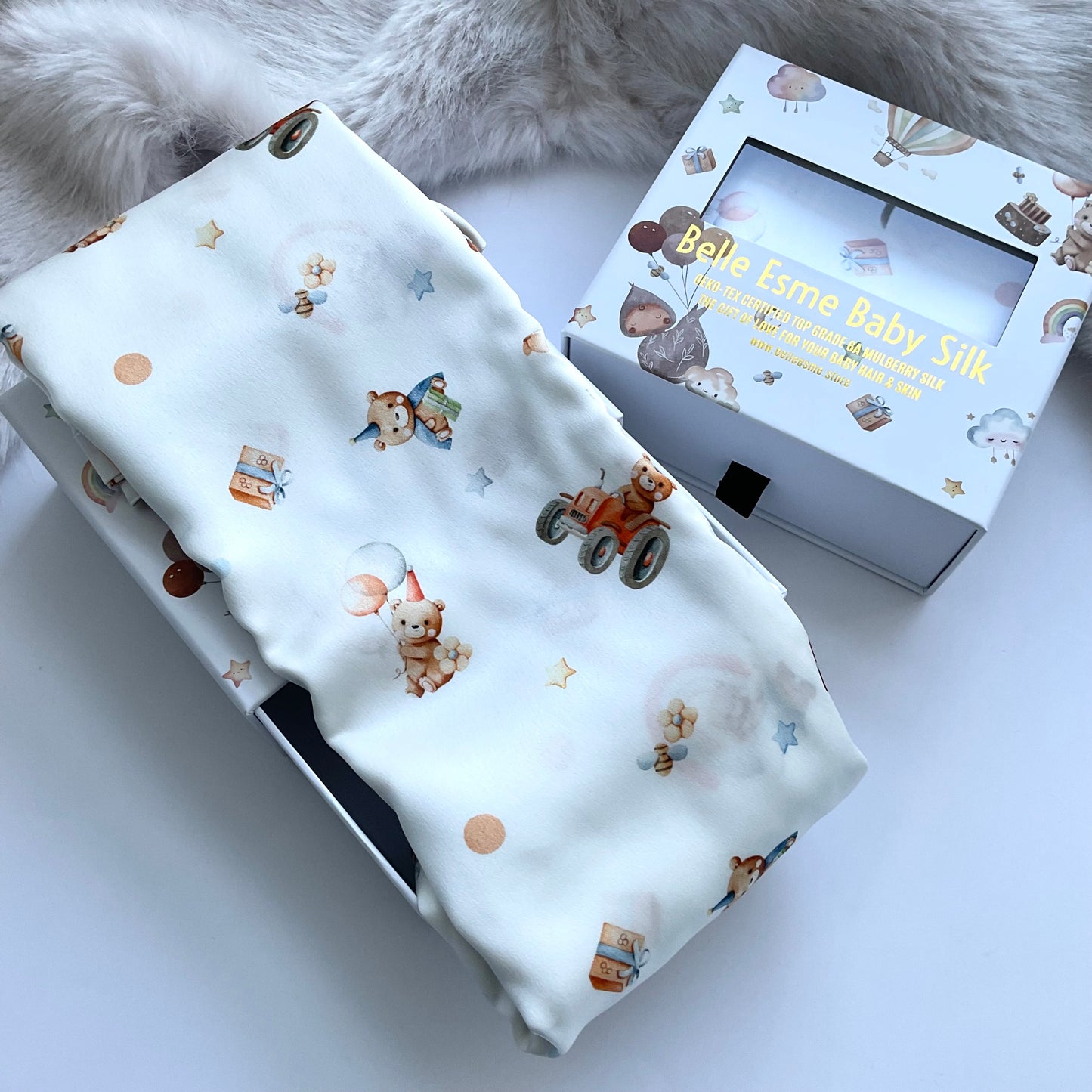 Mulberry silk baby cot slip/sleeve in cute pattern with bear, balloons, gift boxes….