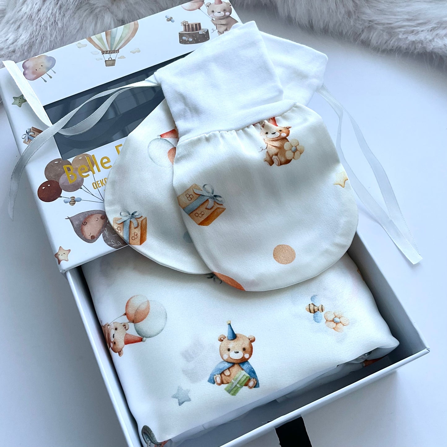 Mulberry silk baby cot slip/sleeve and silk baby mittens in cute bear and party pattern with Belle Esme gift box