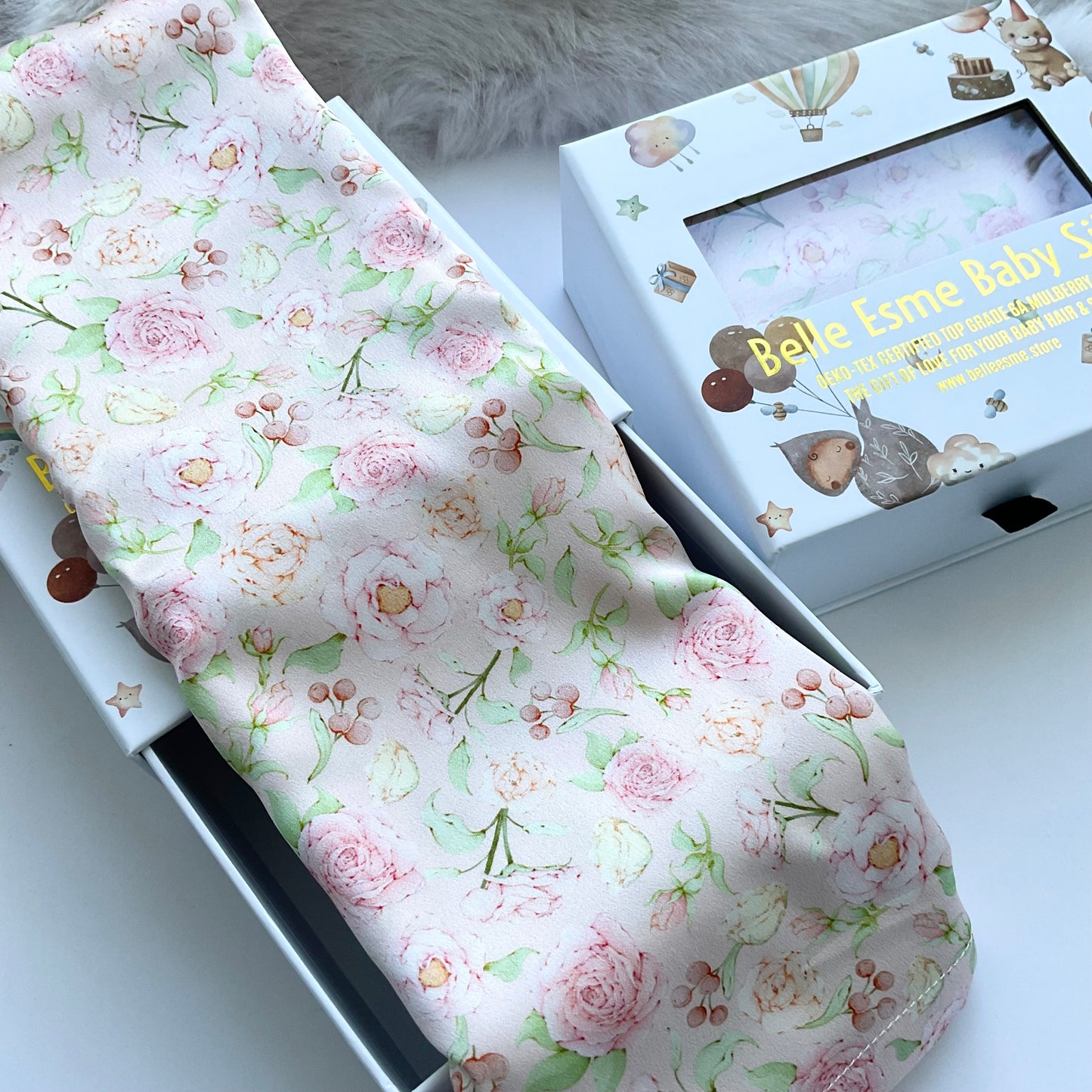 Mulberry silk baby cot slip/sleeve in cute ditsy rose pattern pastel pink colour with Belle Esme gift box