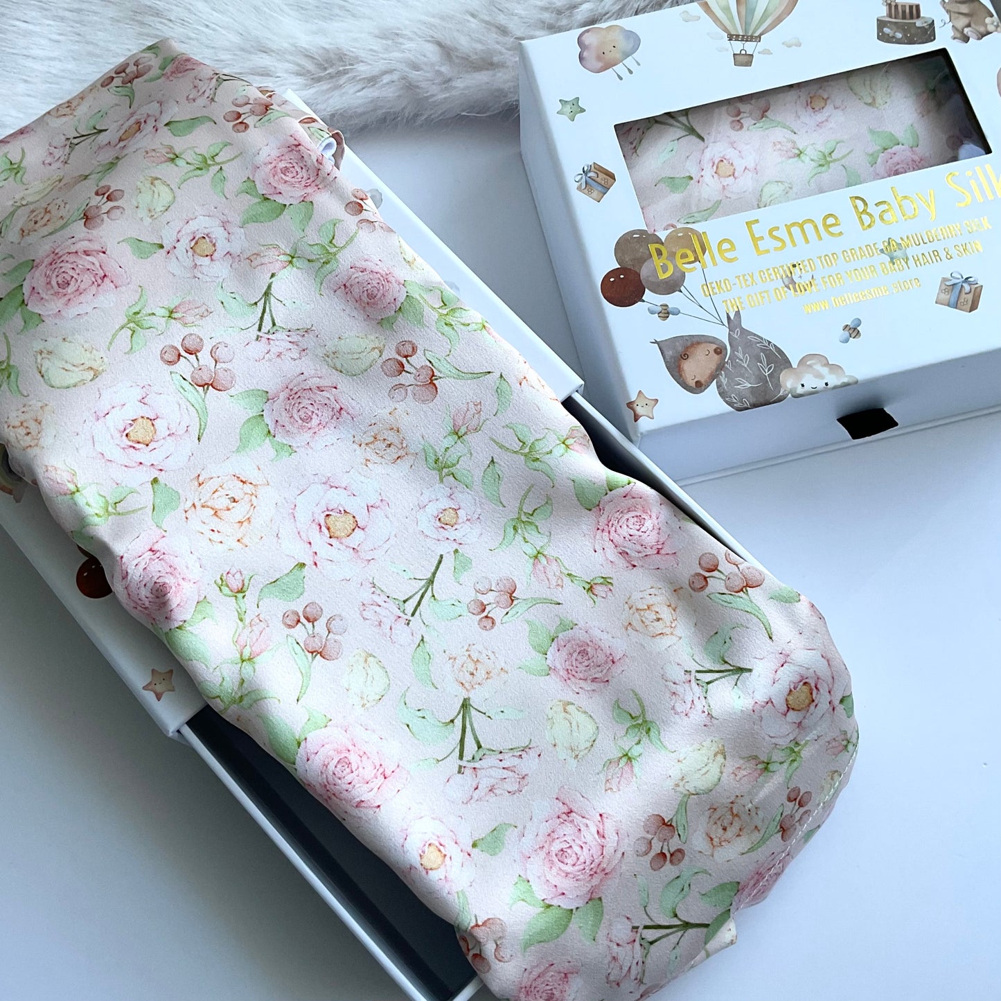 Hermosa Mulberry Silk Baby Lounger Cover with floral rose pattern, fits Snuggle Me & Dock A Tot Deluxe In gift box