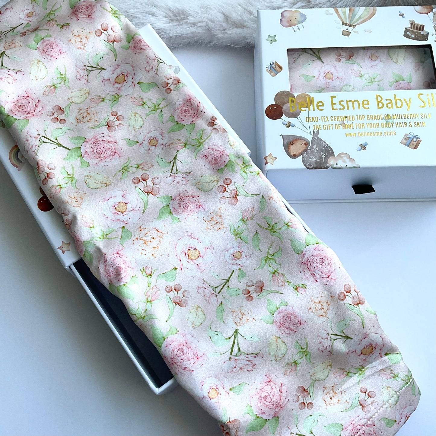 Soft and luxurious Mulberry silk baby cot slip/sleeve in cute ditsy rose pattern pastel pink colour with Belle Esme gift box