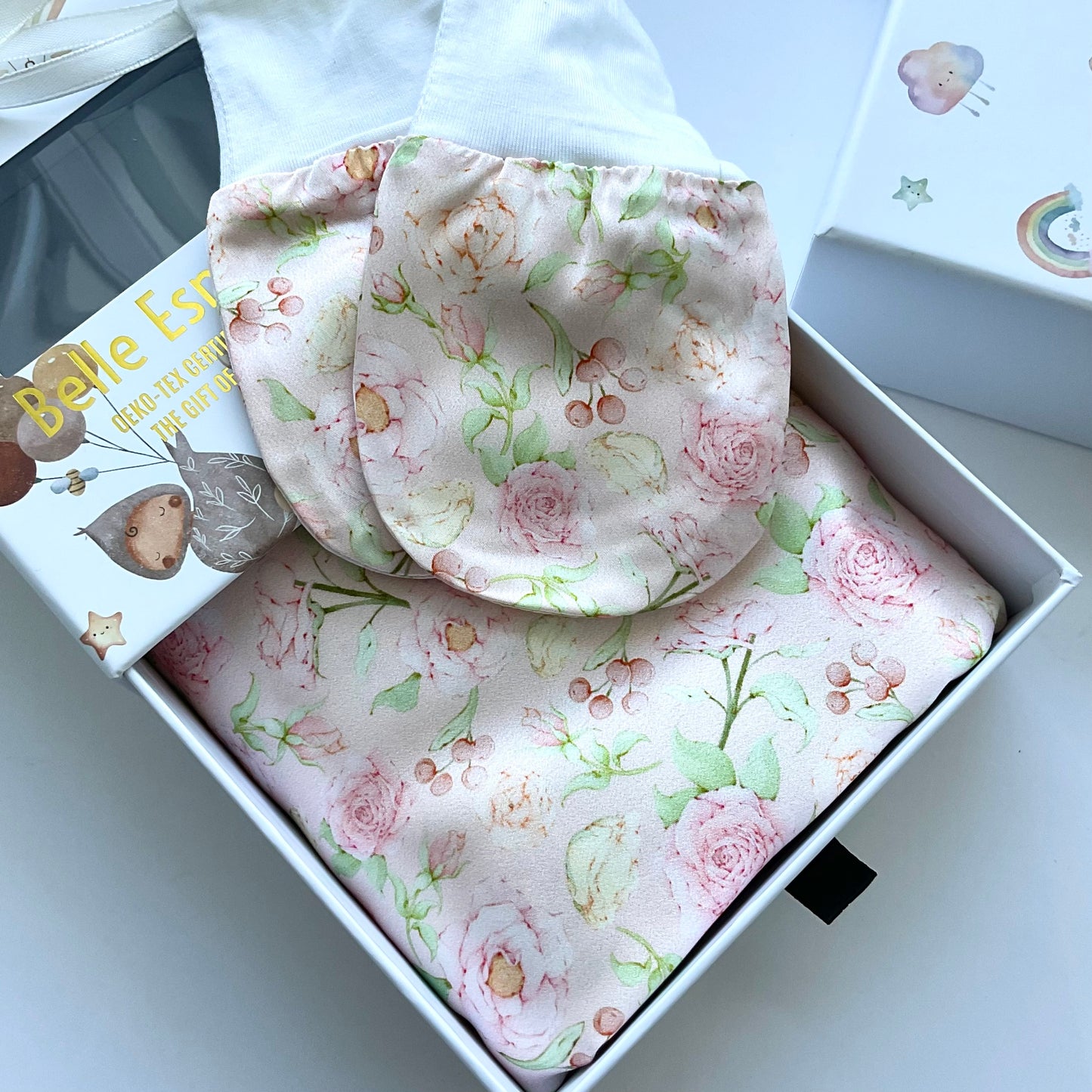 Mulberry silk baby cot sleeve with matching mittens for eczema relief with charming rose pattern