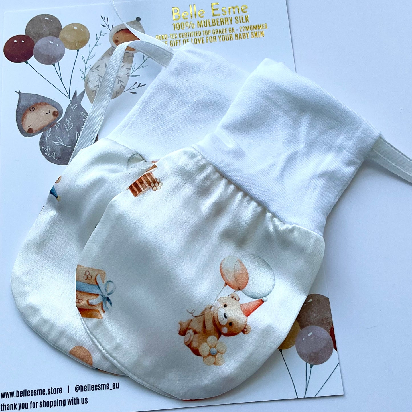 Mulberry silk baby mittens anti scratching helps with eczema - with Belle Esme card