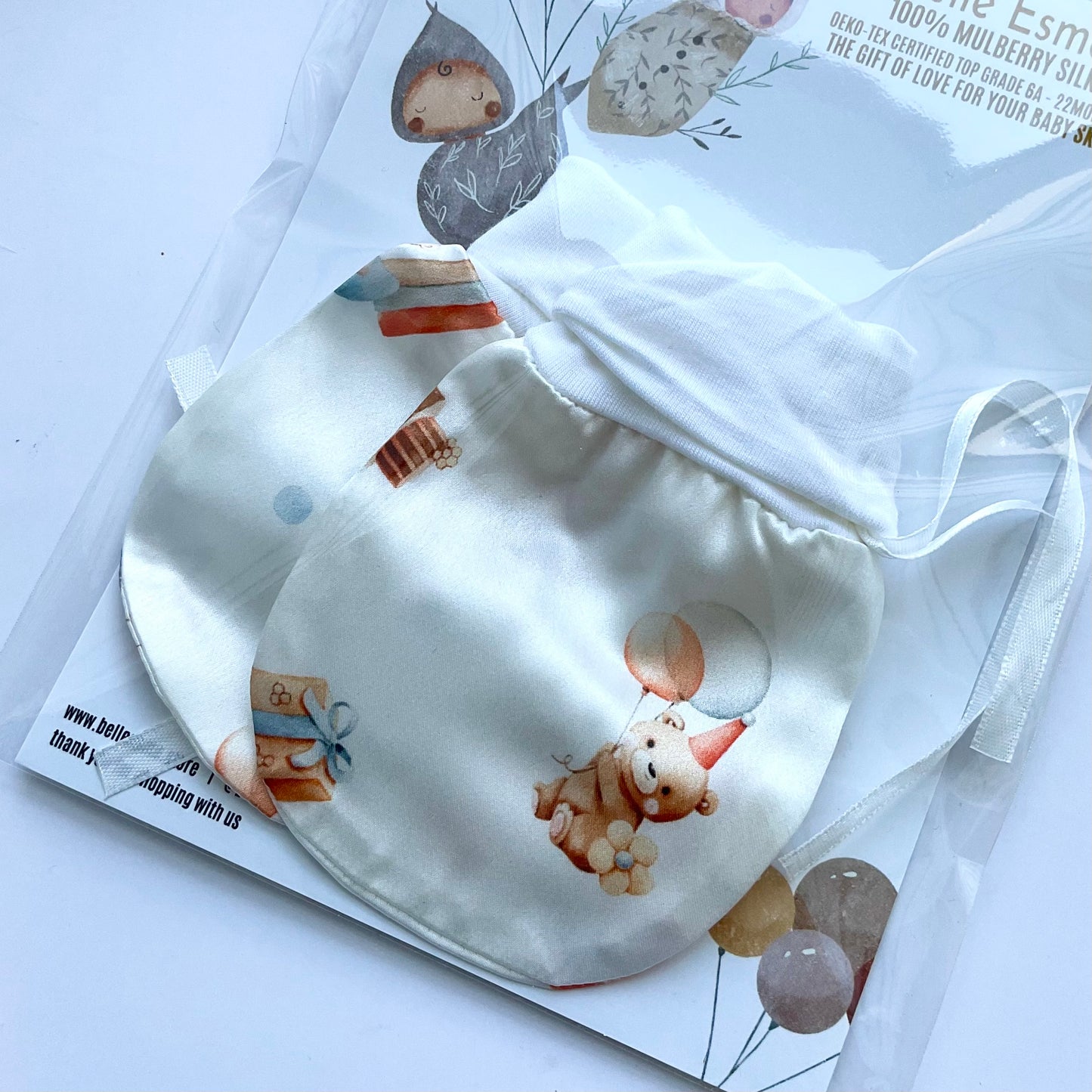 Mulberry silk baby mittens anti scratching helps with eczema - Cute bear print