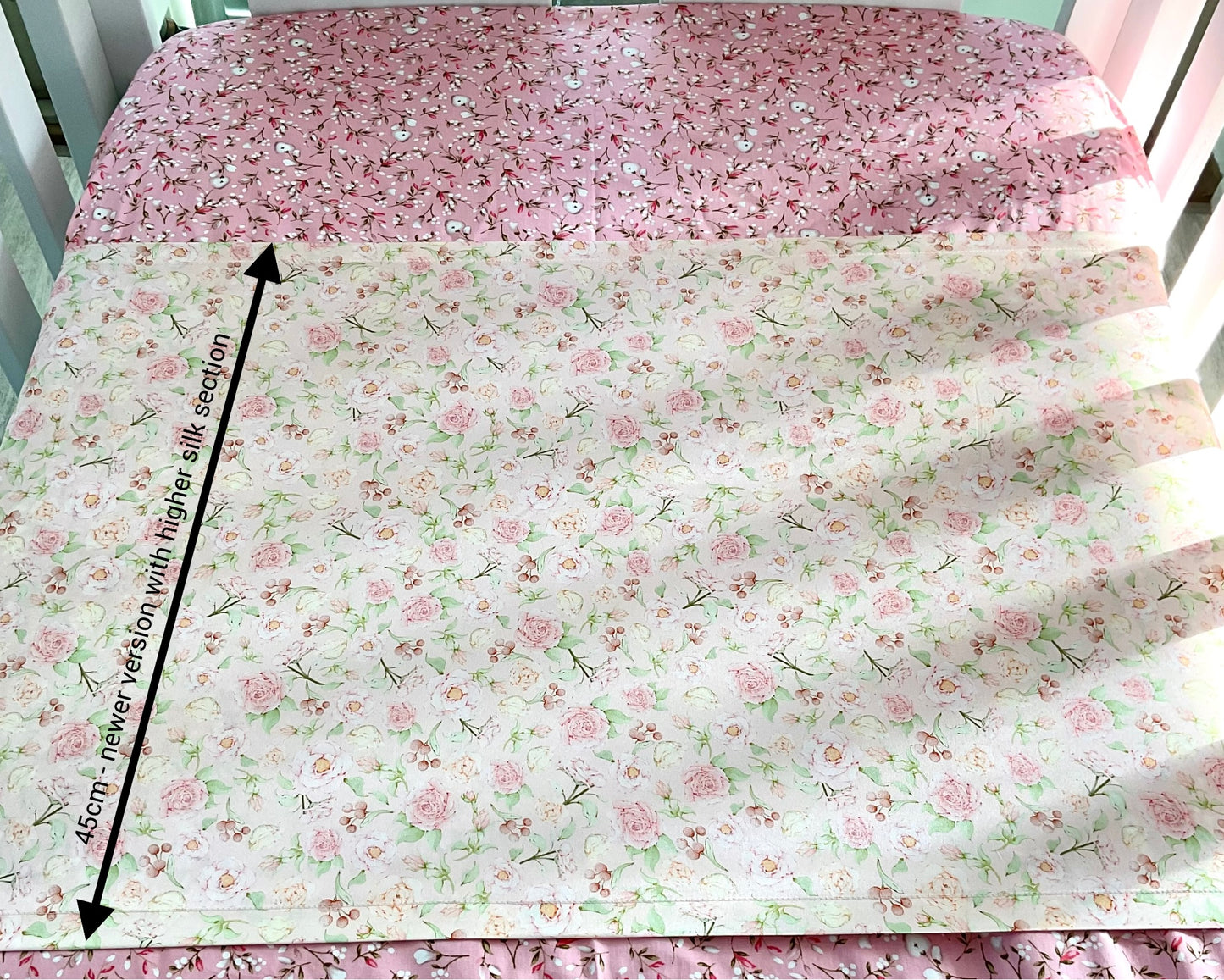 Mulberry silk baby cot slip/sleeve in cute ditsy rose pattern pastel pink colour with measurement