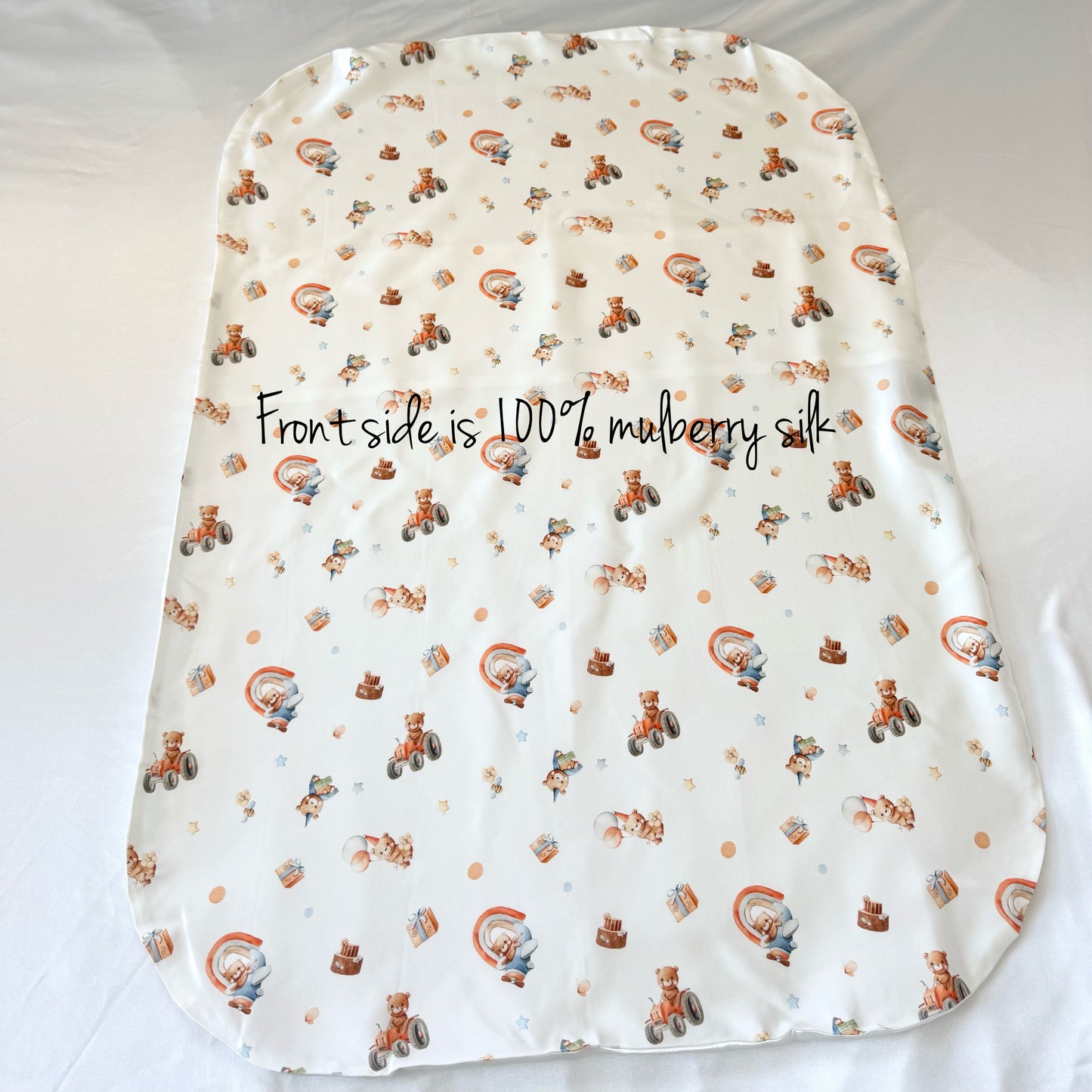 Mulberry Silk Baby Lounger Cover with cute bear pattern, fits Snuggle Me & Dock A Tot Deluxe, front side full 100% mulberry silk