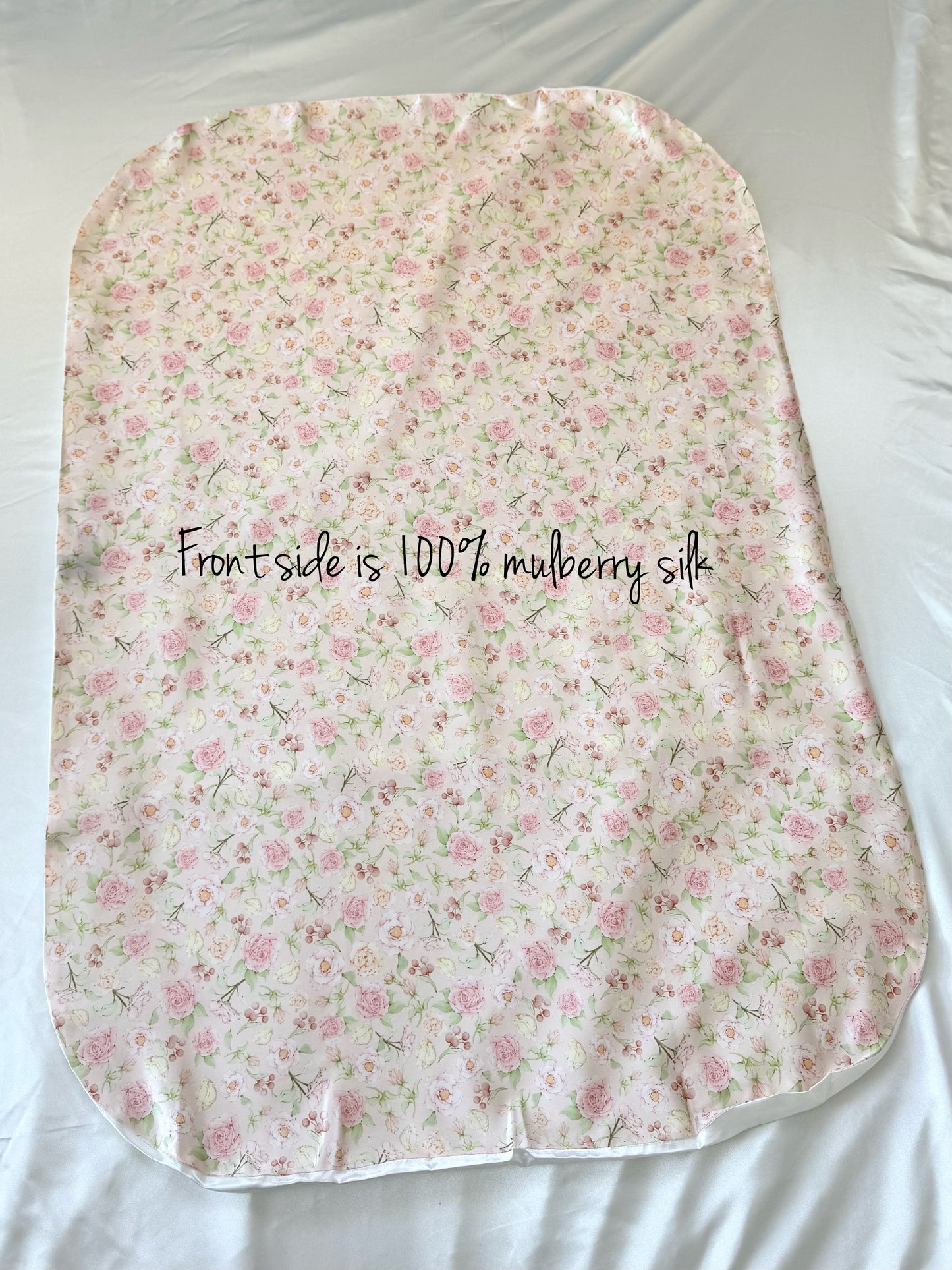 Hermosa Mulberry Silk Baby Lounger Cover with floral rose pattern, fits Snuggle Me & Dock A Tot Deluxe, front side full 100% mulberry silk