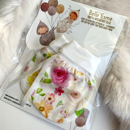 Mulberry silk baby mittens Hana in beautiful packaging front shot