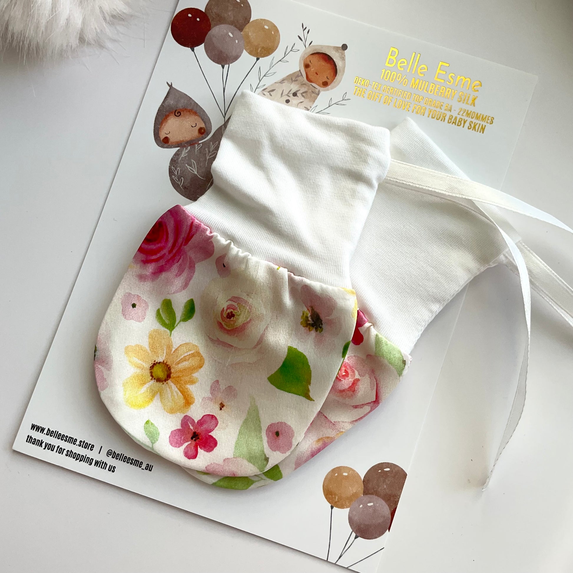 Hana floral silk baby mittens helps with eczema relief 