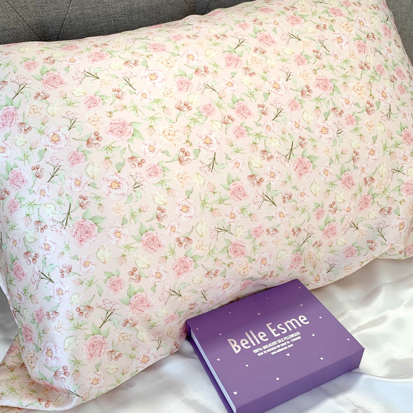 Beautiful rose pattern printed pure mulberry silk pillowcase angled shot