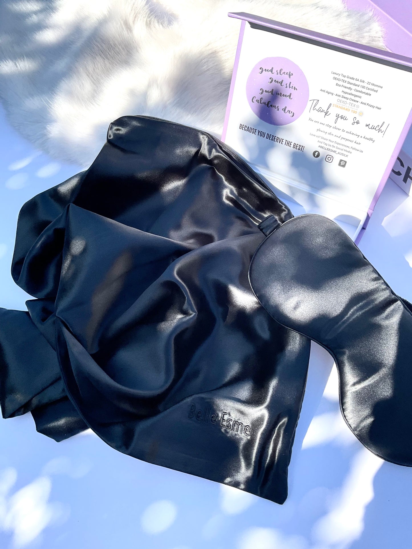 100% Mulberry Silk Pillowcase and Matching Sleep Mask - Black