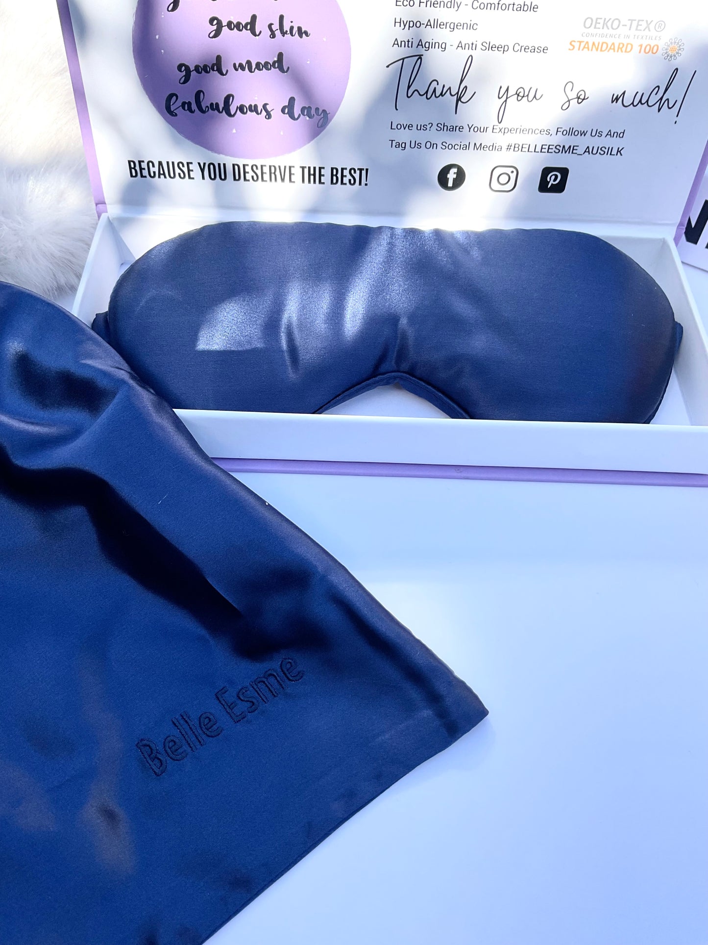 100% Mulberry Silk Pillowcase and Matching Sleep Mask - Navy