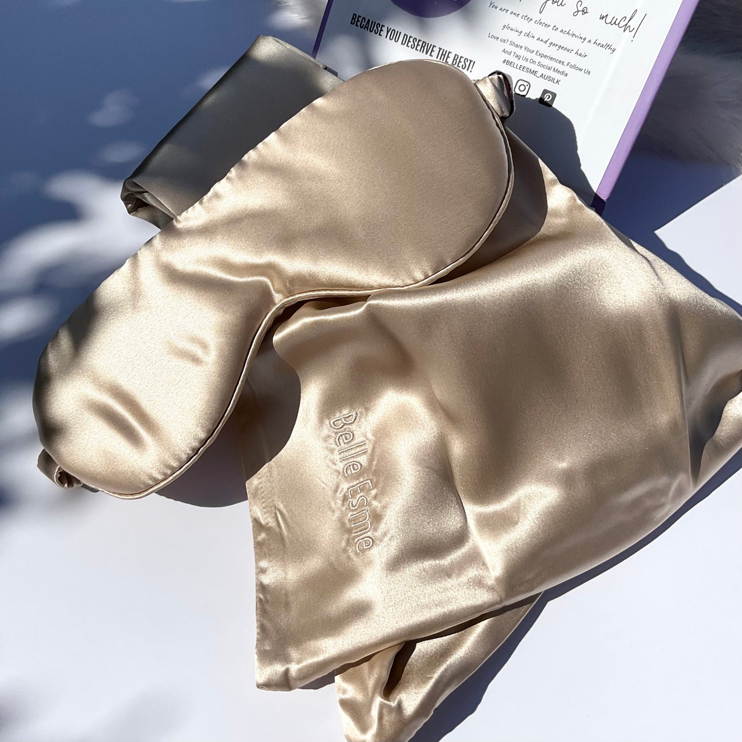 100% Mulberry Silk Pillowcase and Matching Sleep Mask - Champagne Gold