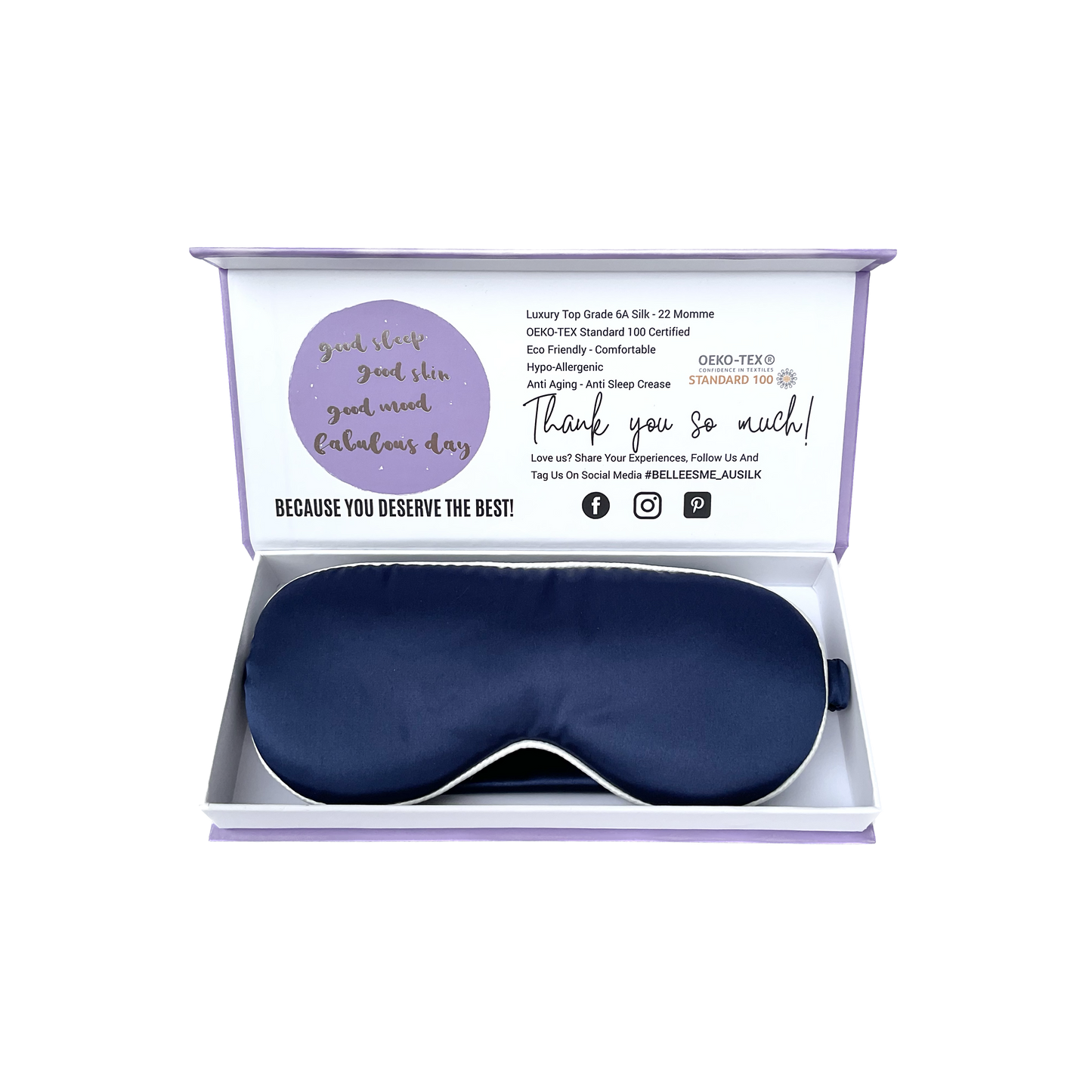 100% Mulberry Silk Sleep Mask with Travel Bag - Navy/White Piping