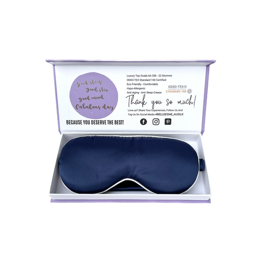 100% Mulberry Silk Sleep Mask with Travel Bag - Navy/White Piping